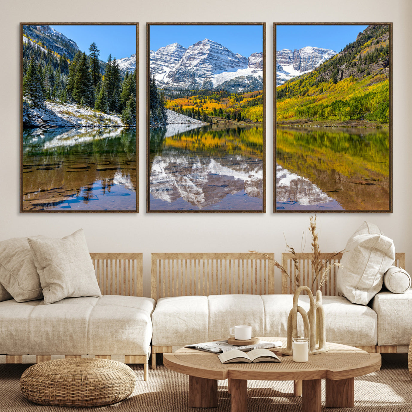 Canvas of Maroon Bells reflected in a clear alpine lake, with golden aspens and snowy peaks, ideal for crisp autumn or mountain-themed decor.