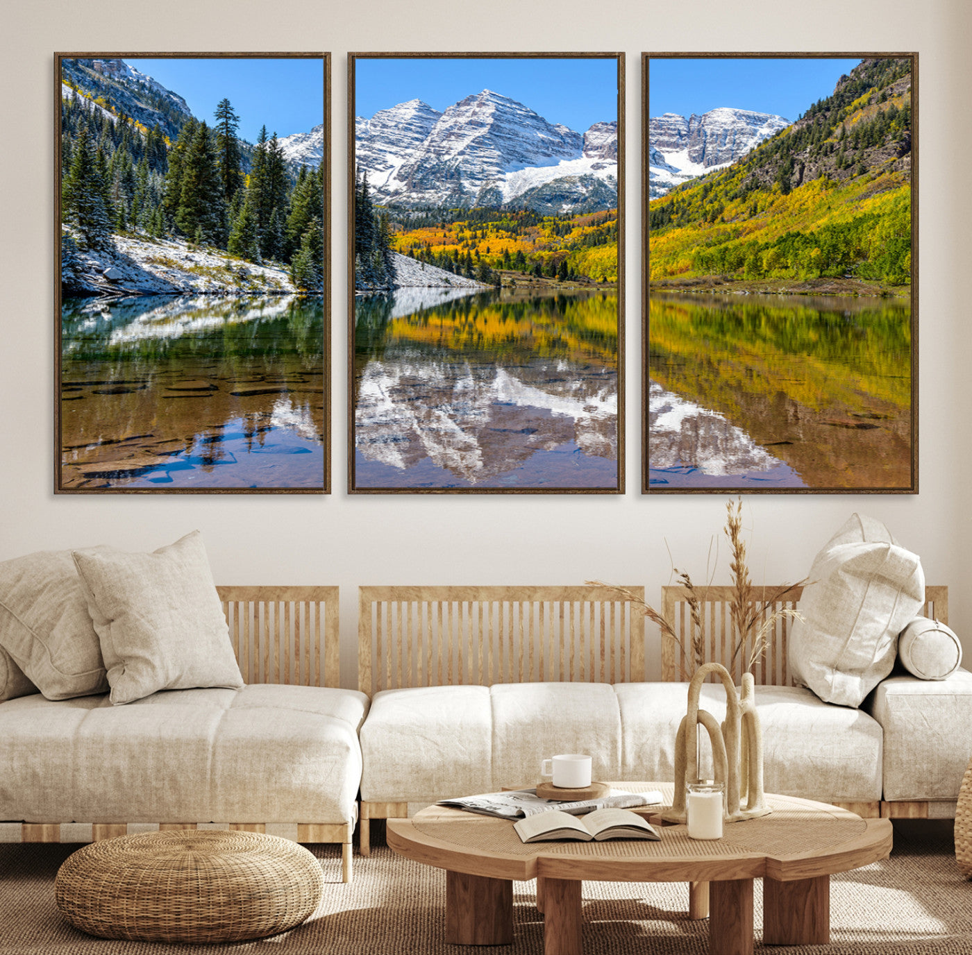 Canvas of Maroon Bells reflected in a clear alpine lake, with golden aspens and snowy peaks, ideal for crisp autumn or mountain-themed decor.