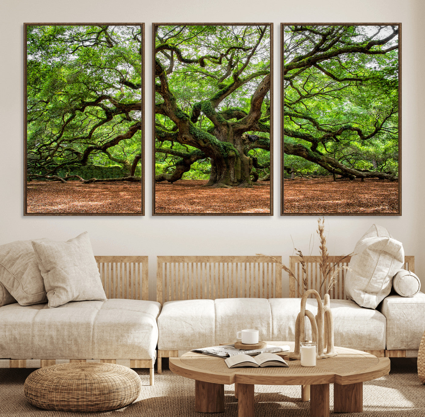 A majestic, ancient tree with expansive, twisting branches spreading wide under a dense, vibrant green canopy in a serene forest clearing.