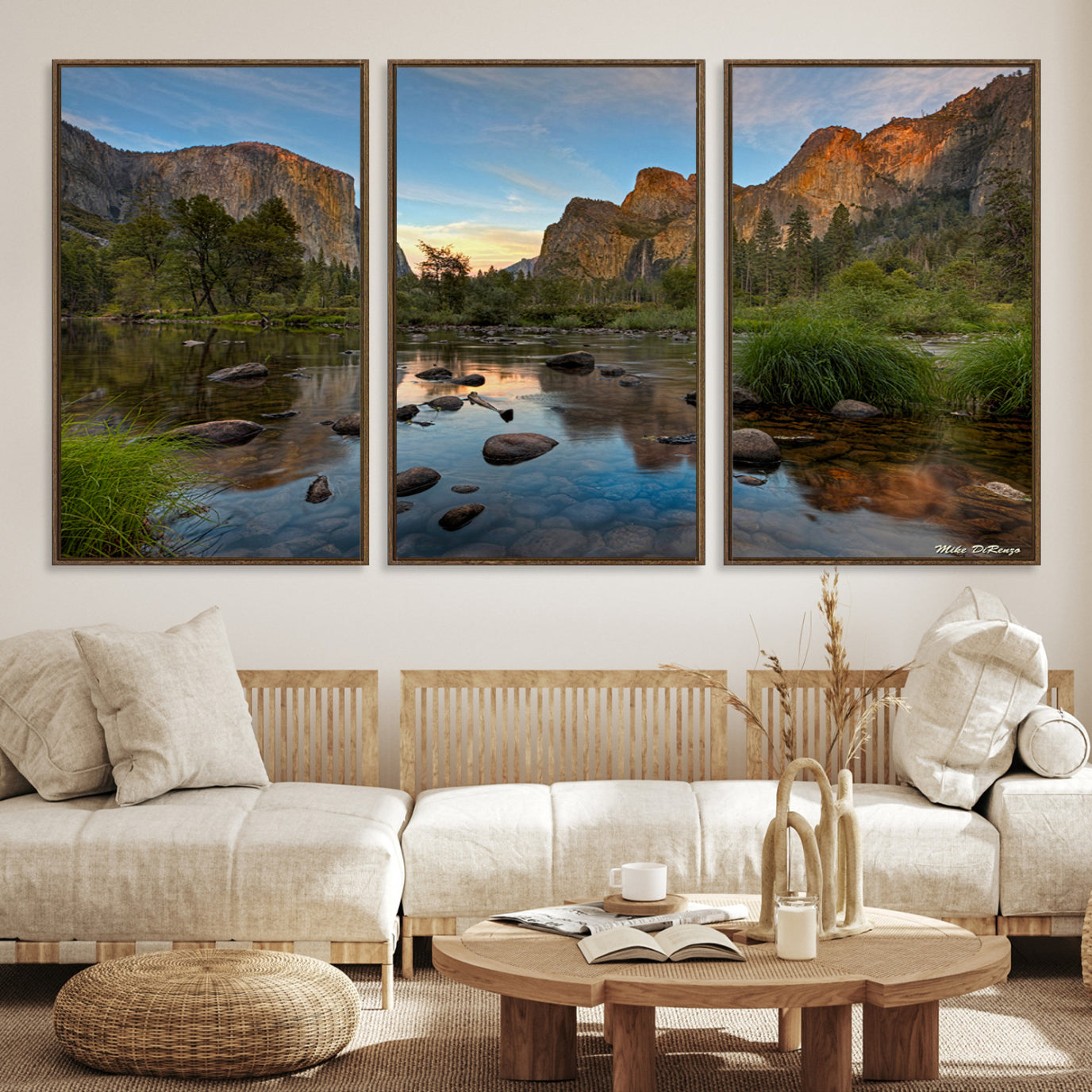 Canvas of Yosemite Valley with El Capitan and sunset reflections in a calm river, perfect for rustic or nature-themed décor.