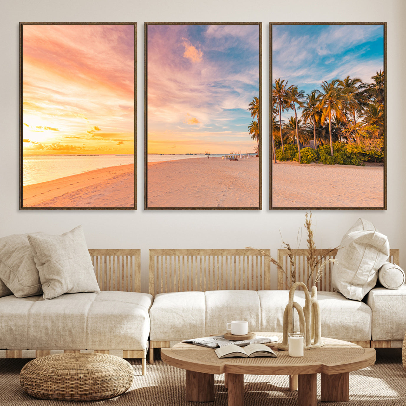 Tropical beach canvas with palm trees and soft sunset tones, ideal for coastal or beach-style home décor in warm pastel hues.