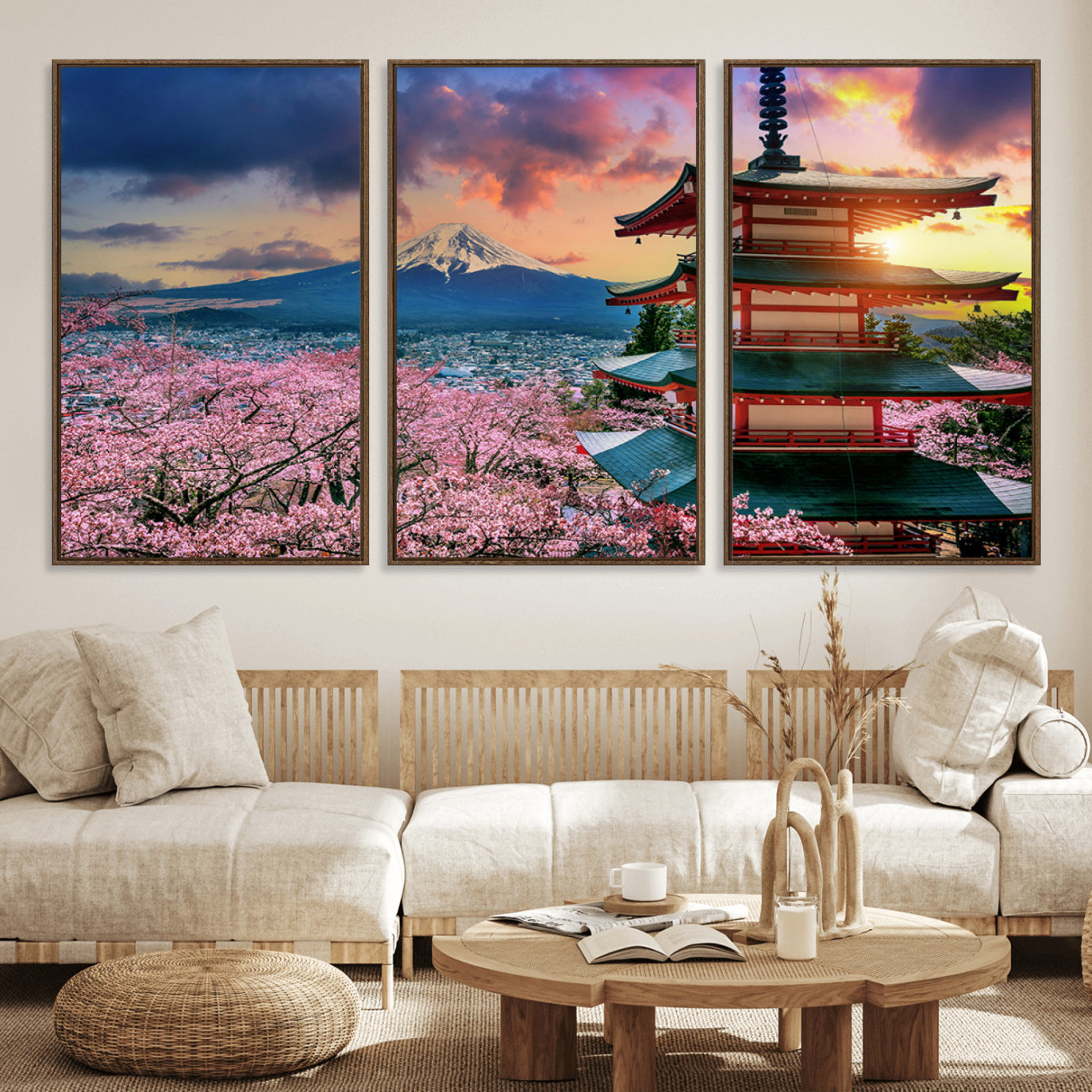 32331262-MGV-FC-60X30-3P_Walnut-Mount Fuji & Cherry Blossom Wall Art Canvas Print – Iconic Japanese Landscape, Sakura Pagoda Sunset,