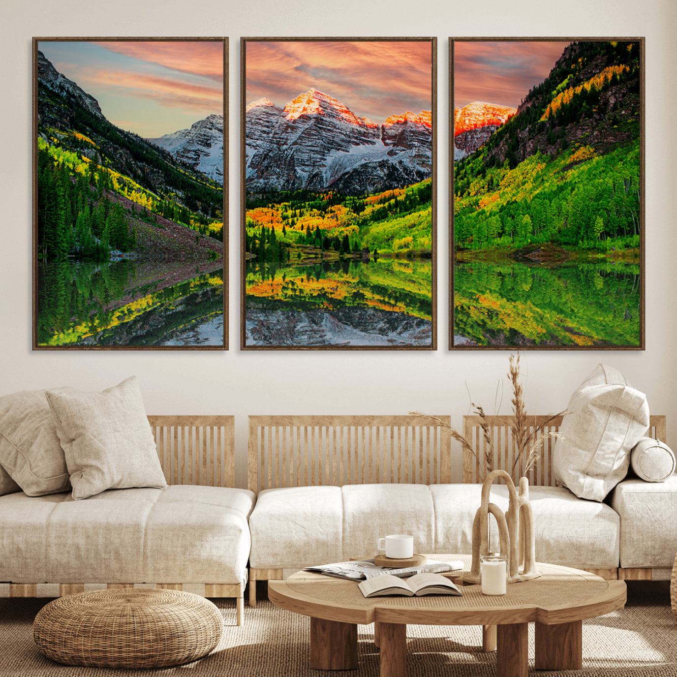 59533484-MGV-FC-60X30-3P_Walnut-Maroon Bells Lake Wall Art Canvas Print – Framed Majestic Colorado Mountain Scene with Autumn Reflection Artwork for Home, Office