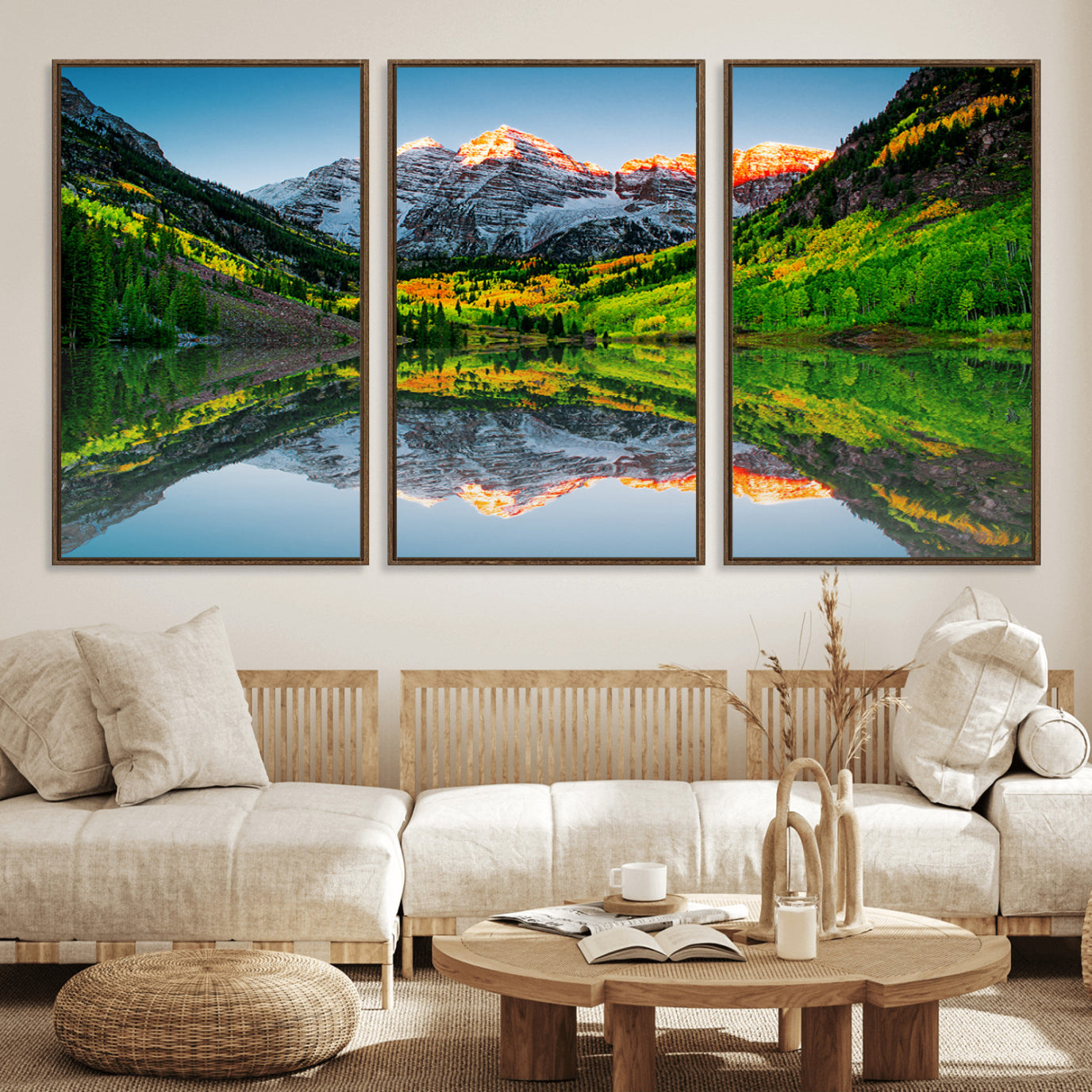17996974-MGV-FC-60X30-3P_Walnut-Maroon Bells Lake Wall Art Canvas Print – Framed Majestic Colorado Mountain Scene with Autumn Reflection Artwork for Home, Office