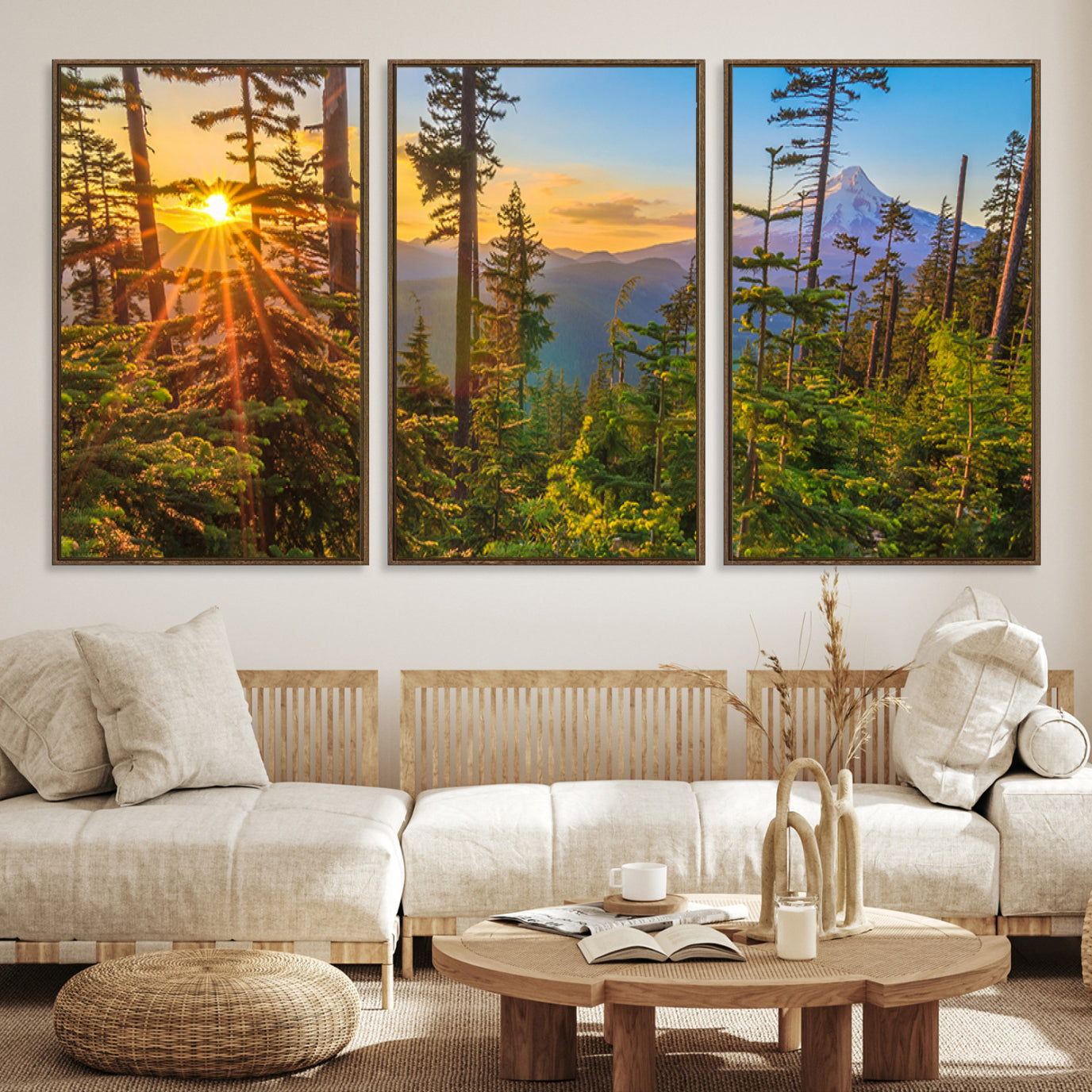 -Forest Sunset Wall Art Canvas Print, Framed Sunset Trees Art Picture Print, Green Pines Perfect