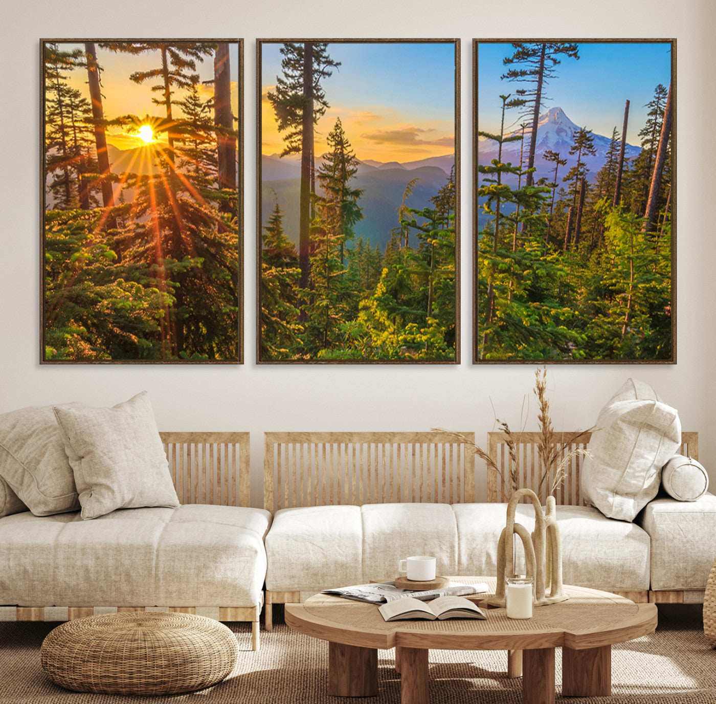 83544043-MGV-CV-48X32-3P-Forest Sunset Wall Art Canvas Print, Glowing Evening Light Through Green Pines and Trees Artwork for Home, Office