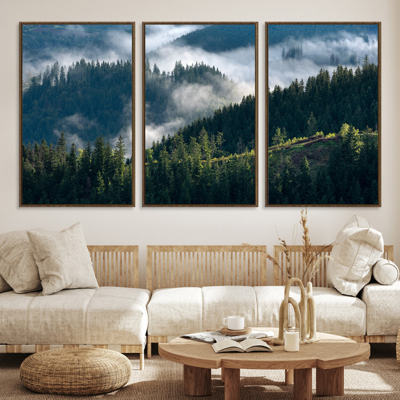 -Misty Forest Wall Art Canvas Print, Framed Pine Hills Art Picture Print, Misty Forest Print,