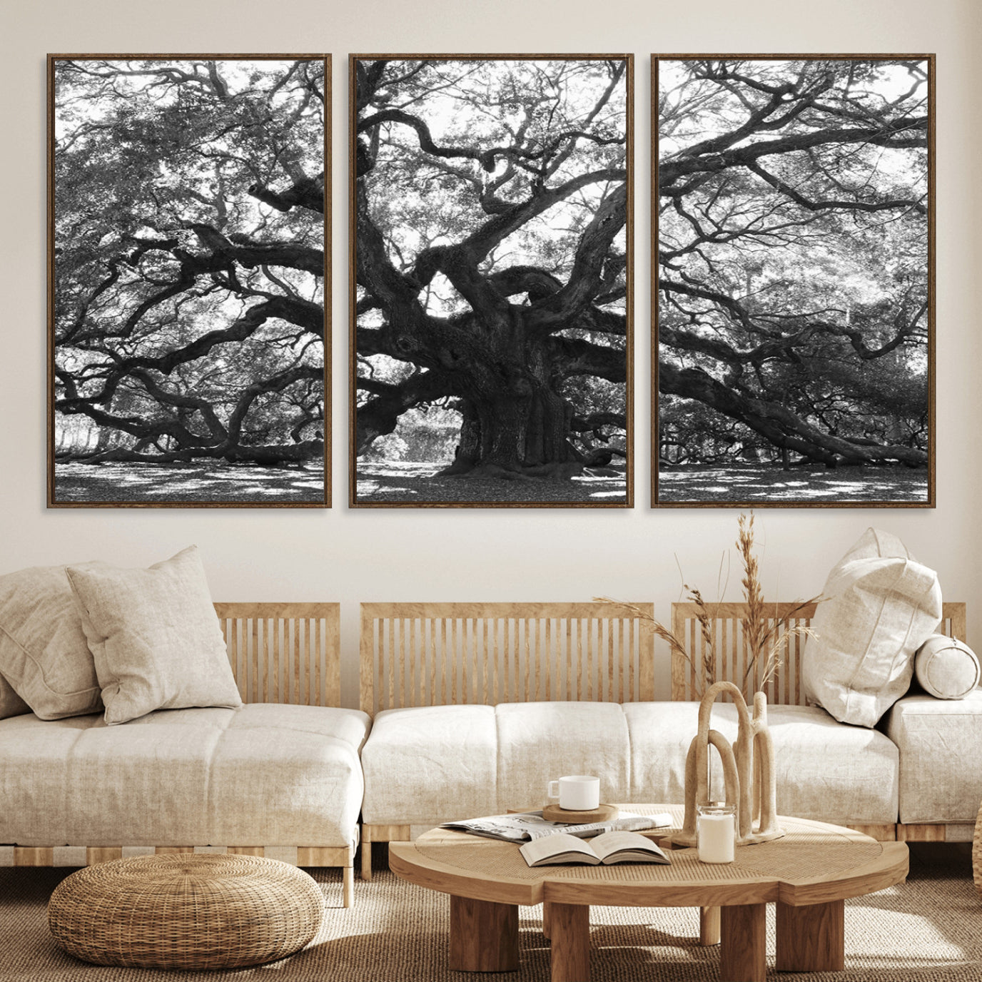 81655611-MGV-FC-60X30-3P_Walnut-Ancient Oak Wall Art Canvas Print, Framed Twisted Branches Art Picture Print, Gnarled Tree Perfect Moody Nature Decor Artwork
