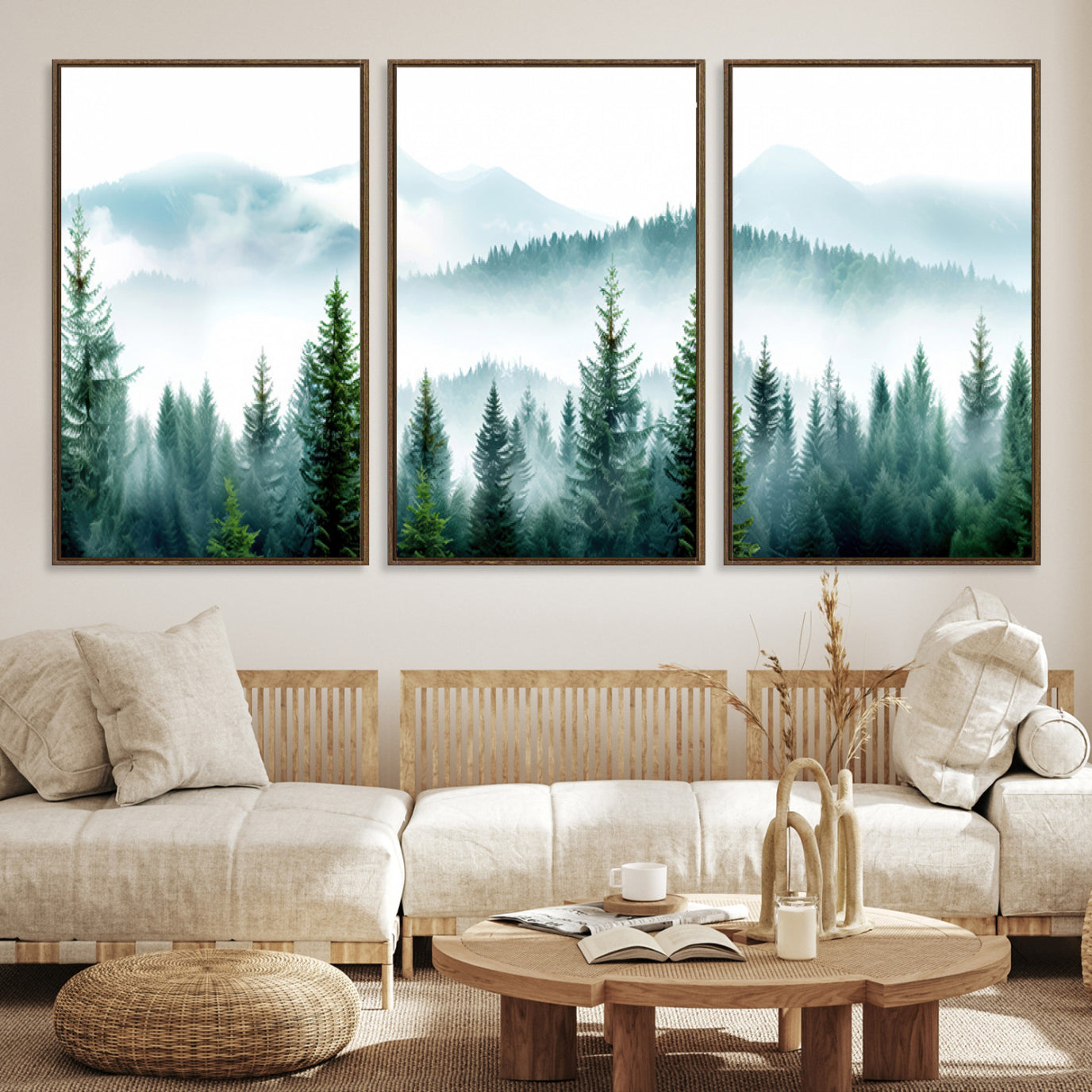 16716676-MGV-CV-48X32-3P-Misty Pine Forest Wall Art, Foggy Mountain Landscape Canvas Print, Serene Nature Trees Framed Artwork for Home, Office