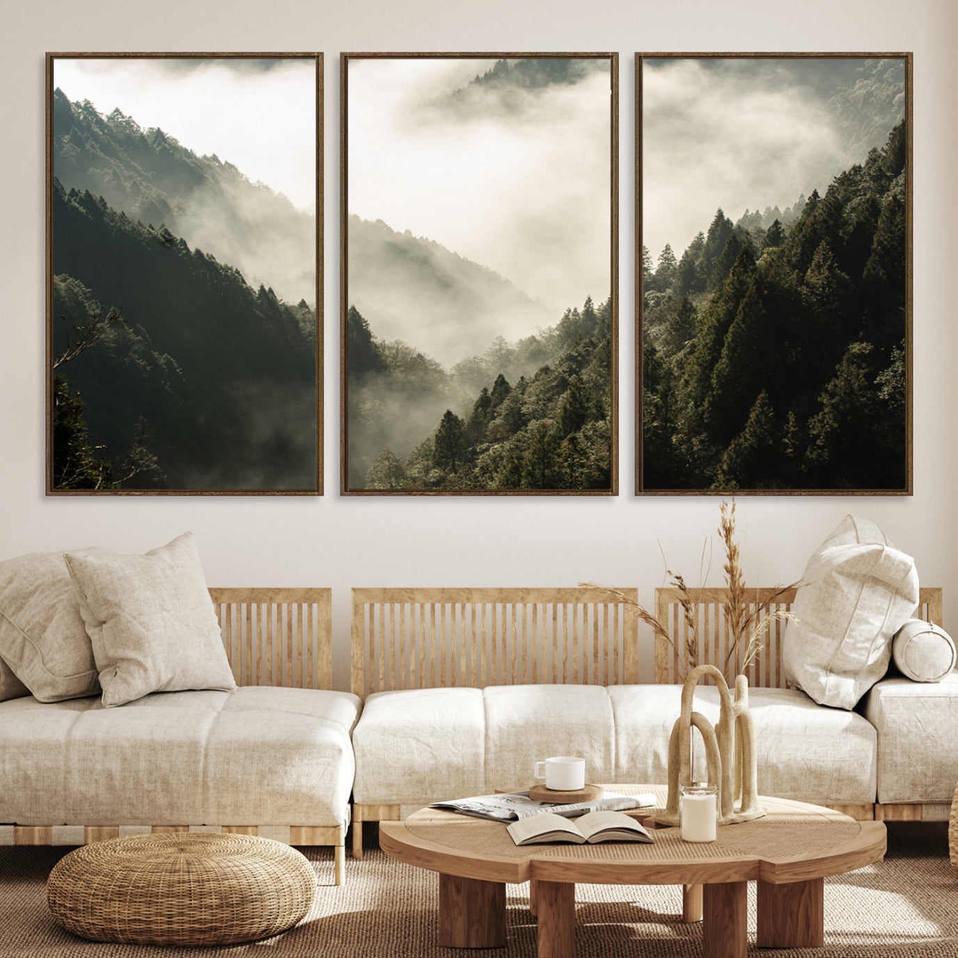 -Misty Valley Canvas Print, Framed Foggy Forest Art Picture Print, Pine Trees Perfect Moody Woodland