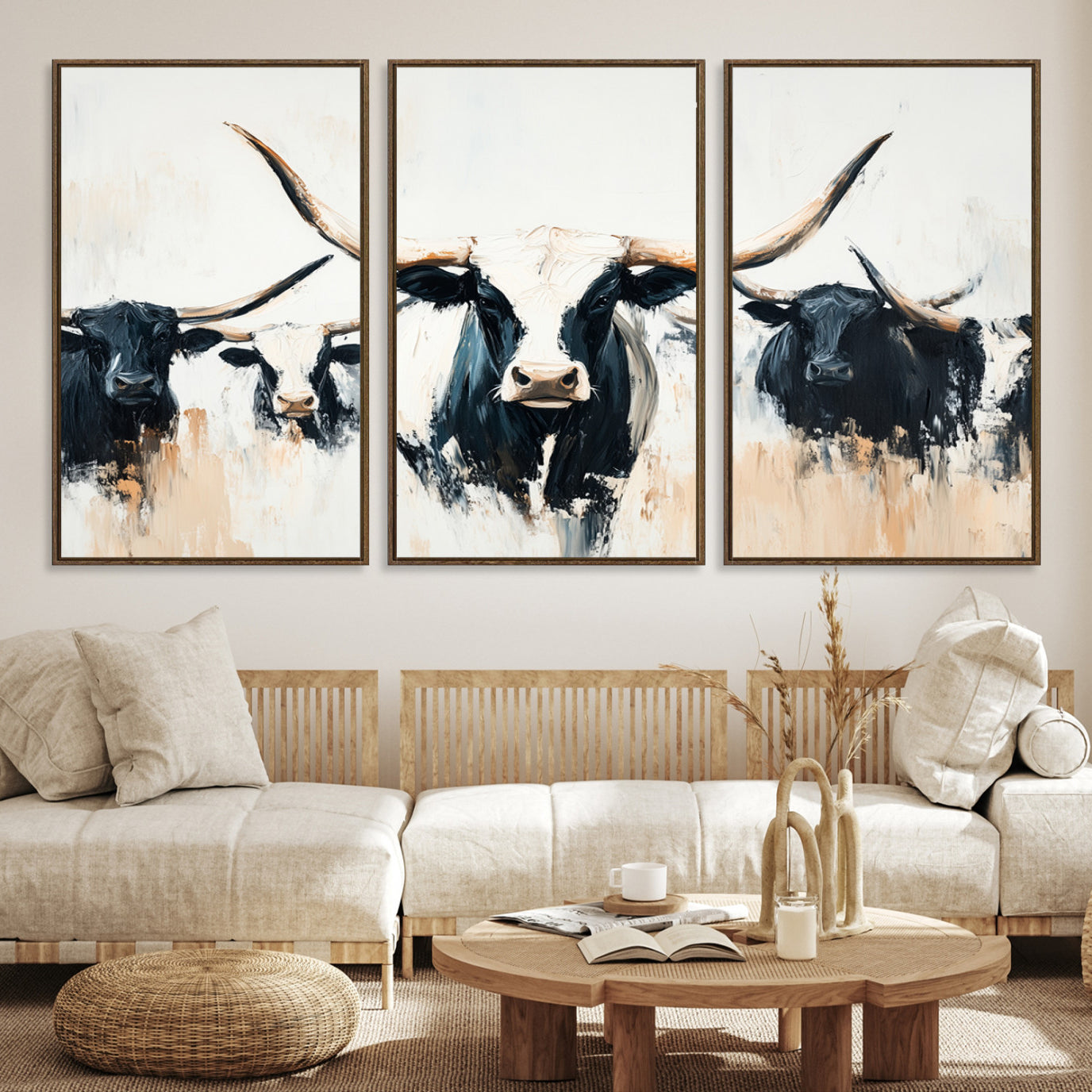 -Texas Longhorn Wall Art Canvas Print, Framed Western Cattle Art Picture Print, Horned Bull Perfect