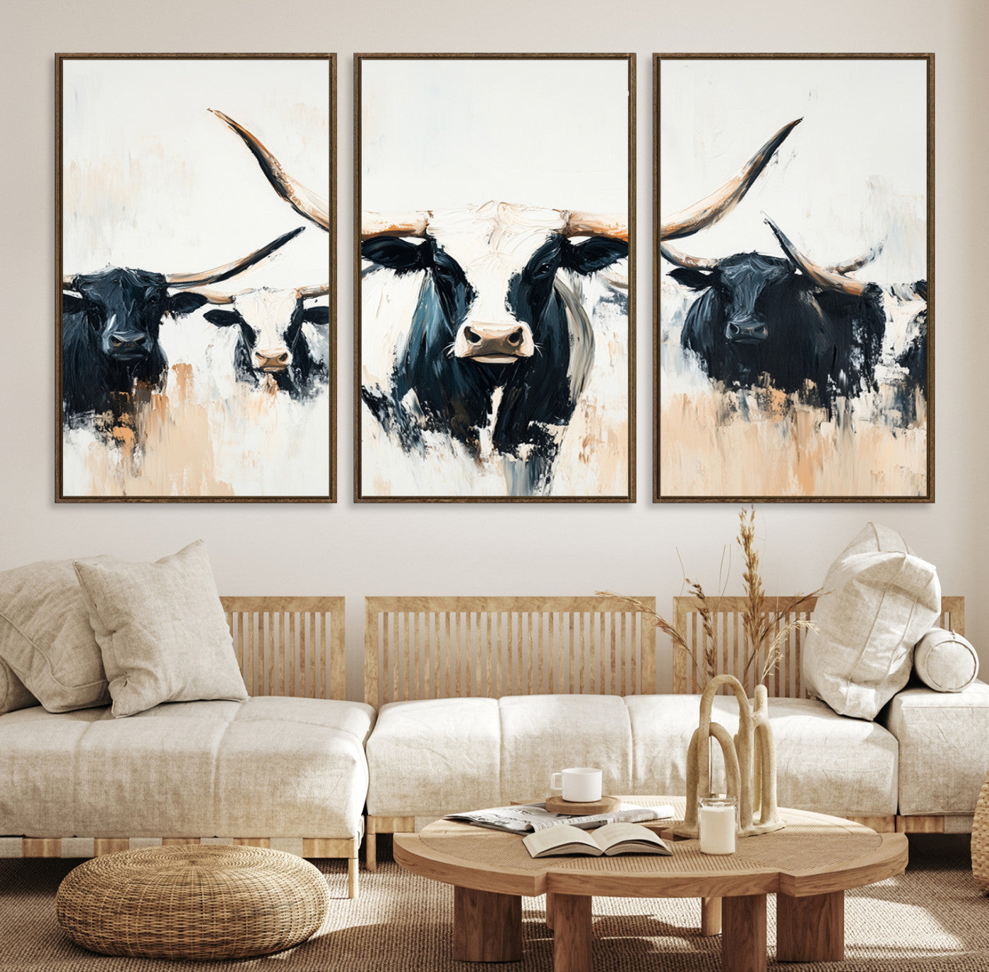 -Texas Longhorn Wall Art Canvas Print, Framed Western Cattle Art Picture Print, Horned Bull Perfect