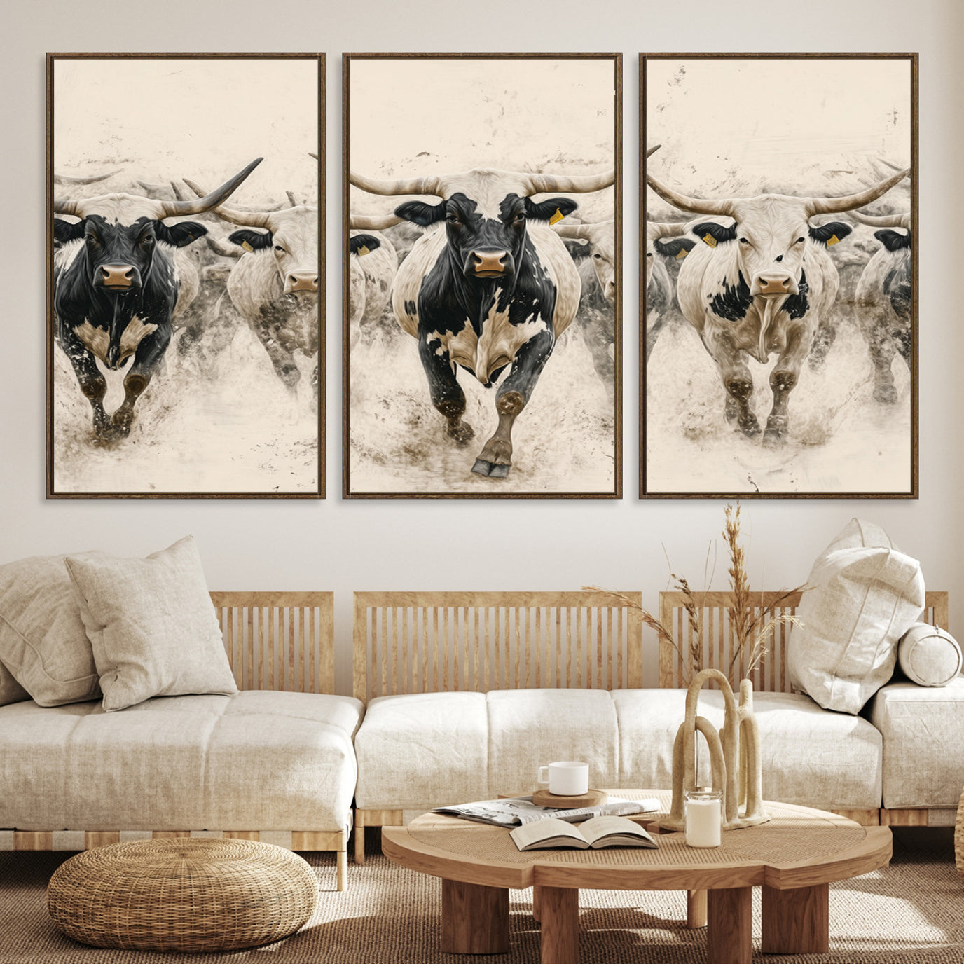 Canvas artwork of Texas Longhorn bulls walking in a dusty herd, ideal for rustic Western or country-style interior decor.