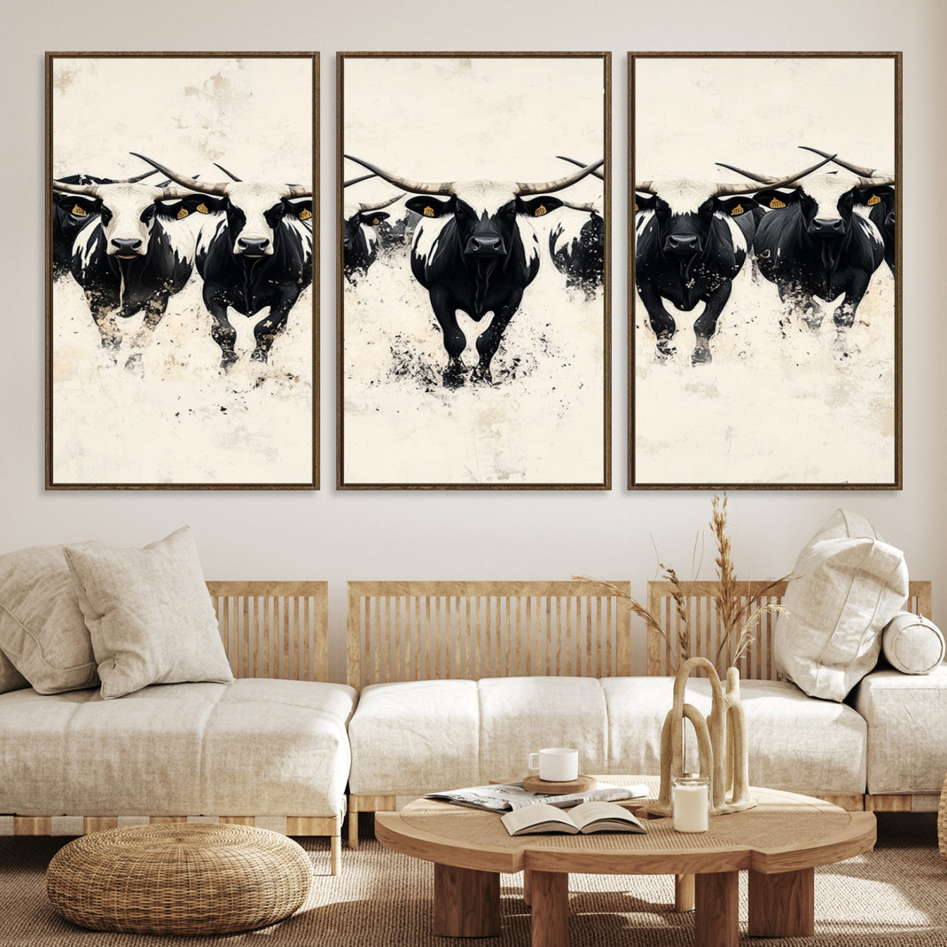 Canvas artwork of black and white Texas longhorns in a bold stampede over a minimalist background, ideal for rustic modern or Western-themed decor.