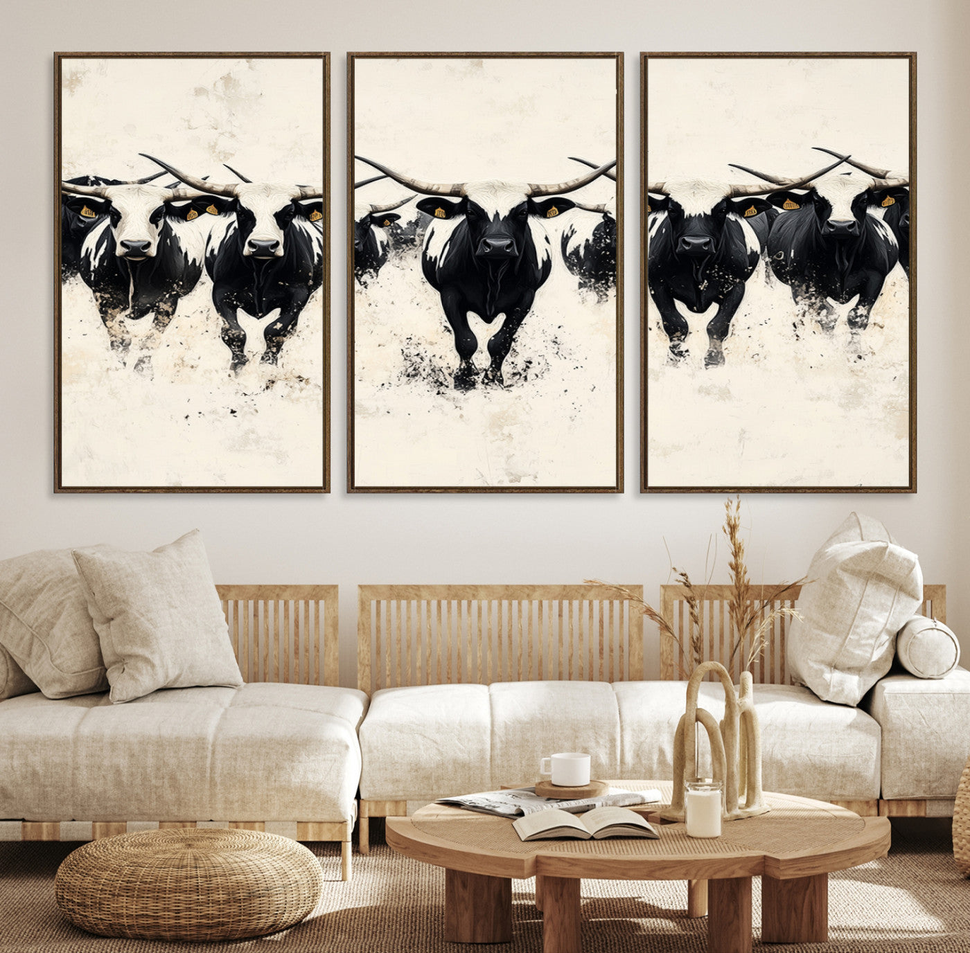 Canvas artwork of black and white Texas longhorns in a bold stampede over a minimalist background, ideal for rustic modern or Western-themed decor.