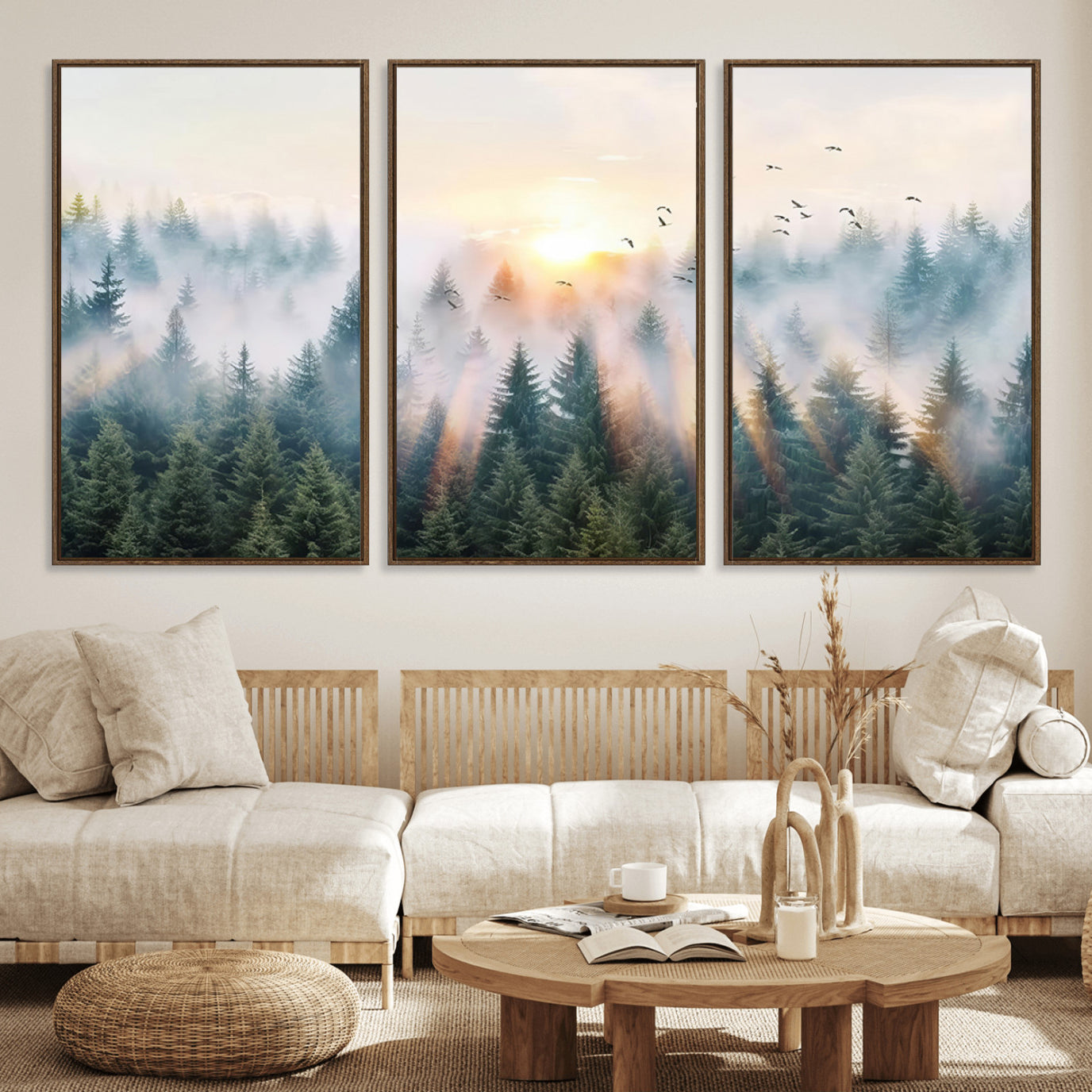 92718976-MGV-FC-60X30-3P_Walnut-Misty Pine Forest Wall Art Canvas, Sunrise Over Foggy Trees Canvas for Home - Office, Framed