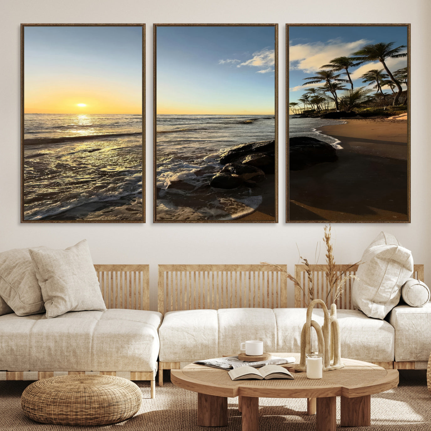 Canvas of a golden sunset on a tropical beach with palm trees and calm waves, perfect for coastal or island-themed home decor.