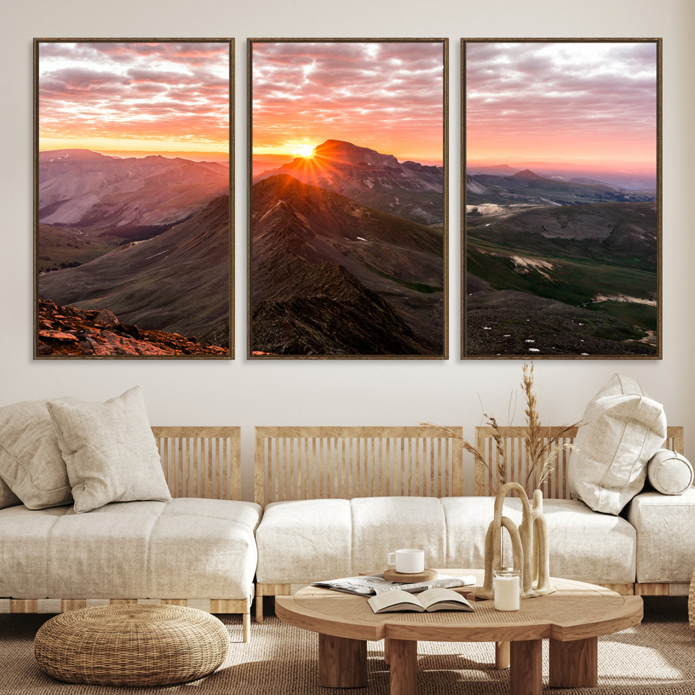 Canvas showing a mountain ridge at sunrise with golden light and dramatic clouds, perfect for nature or rustic-inspired wall decor.