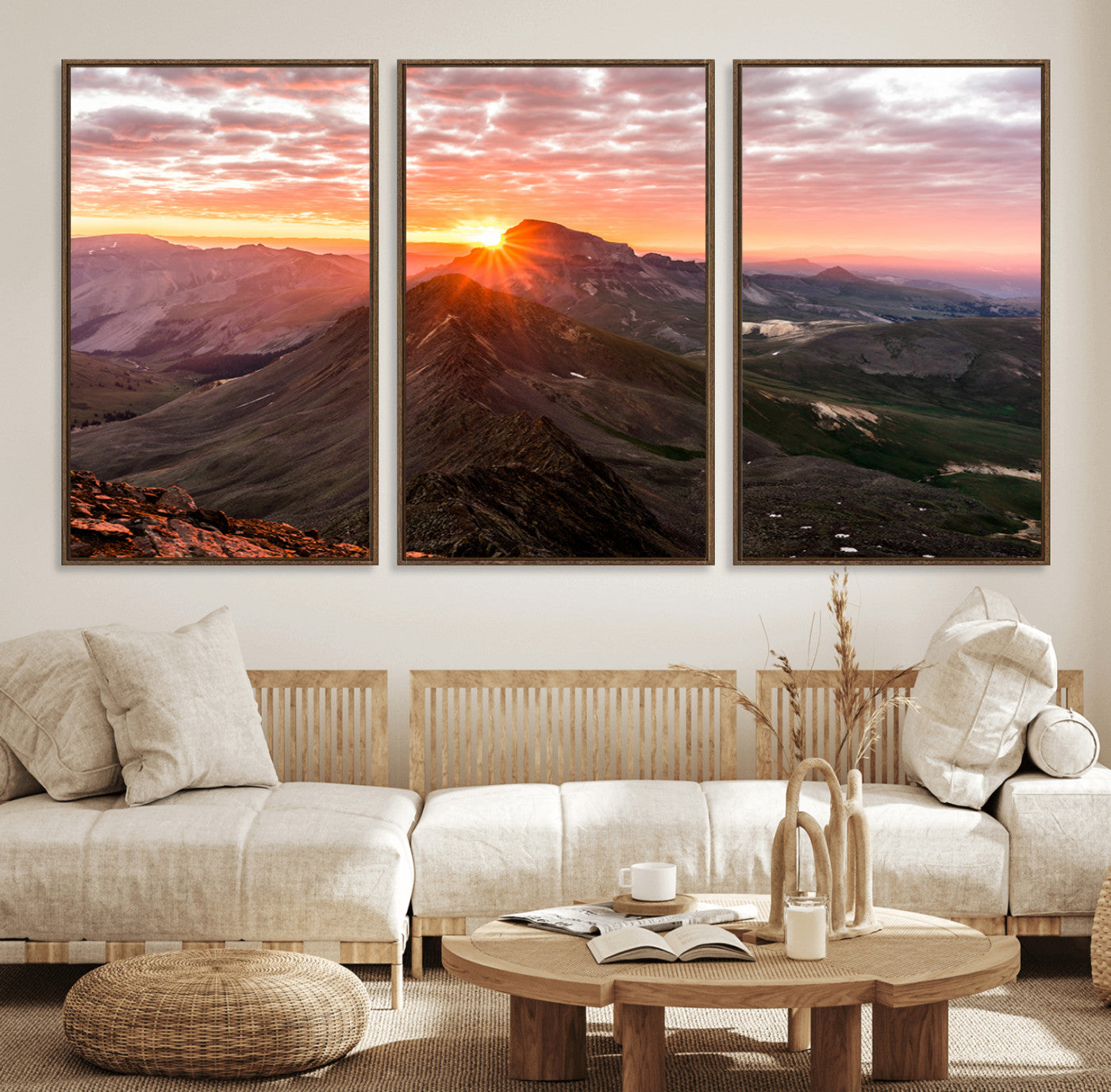 50957419-MGV-FC-60X30-3P_Walnut-Mountain Sunrise Wall Art – Framed Alpine Ridge Canvas Artwork, Golden Peak Design, Scenic Nature Decor for Home, Office