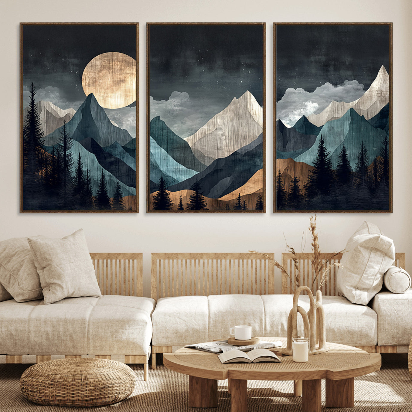 11060882-MGV-FC-60X30-3P_Walnut-Moonlit Mountain Wall Art Canvas Print – Silhouetted Pines Layered Peaks Tranquil Sky Mist Silver Light Nature Artwork for Home