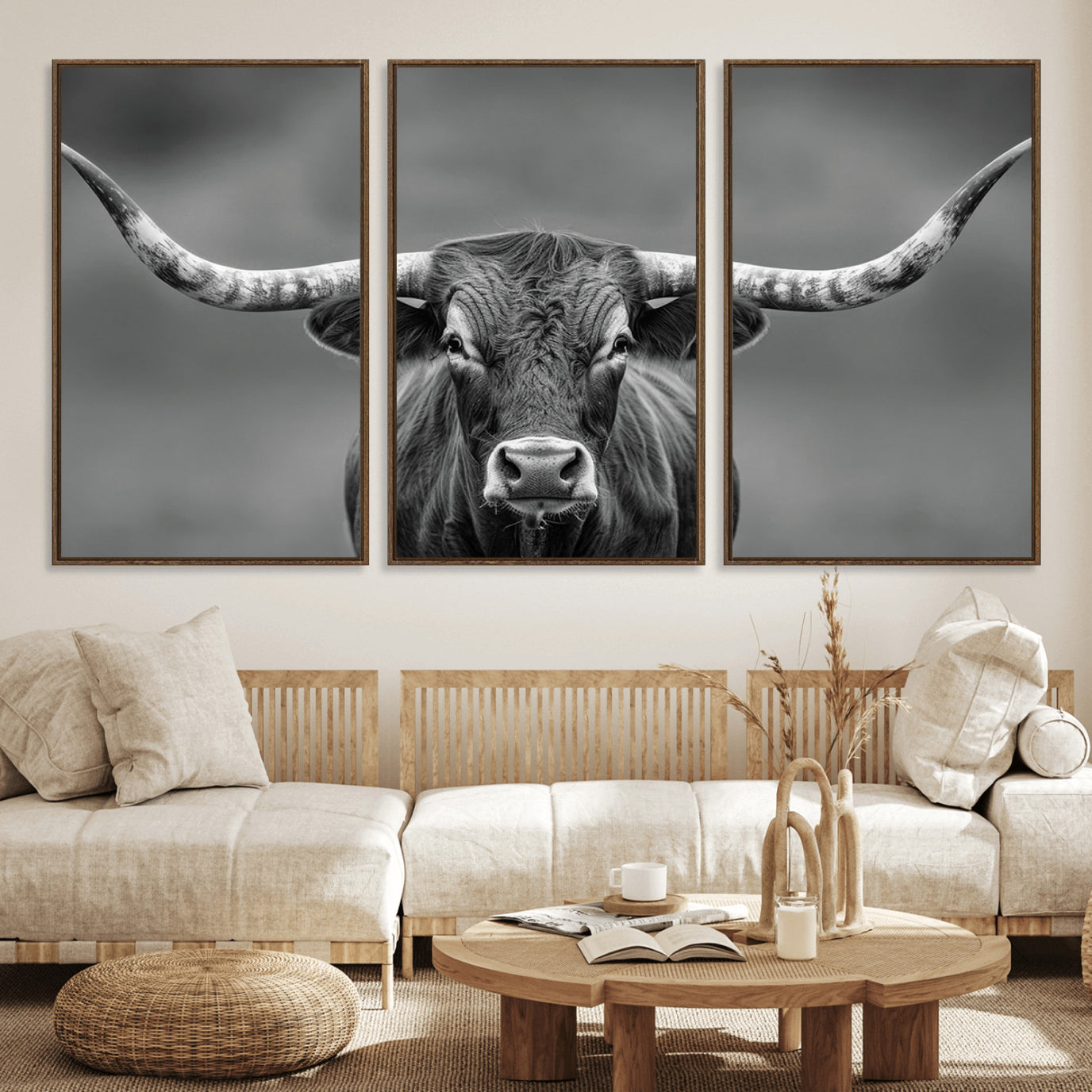 81228550-MGV-CV-36X24-Texas Longhorn Wall Art Canvas Print – Framed Western Bull Ranch Photography Rustic Country Farm Decor Artwork for home, office