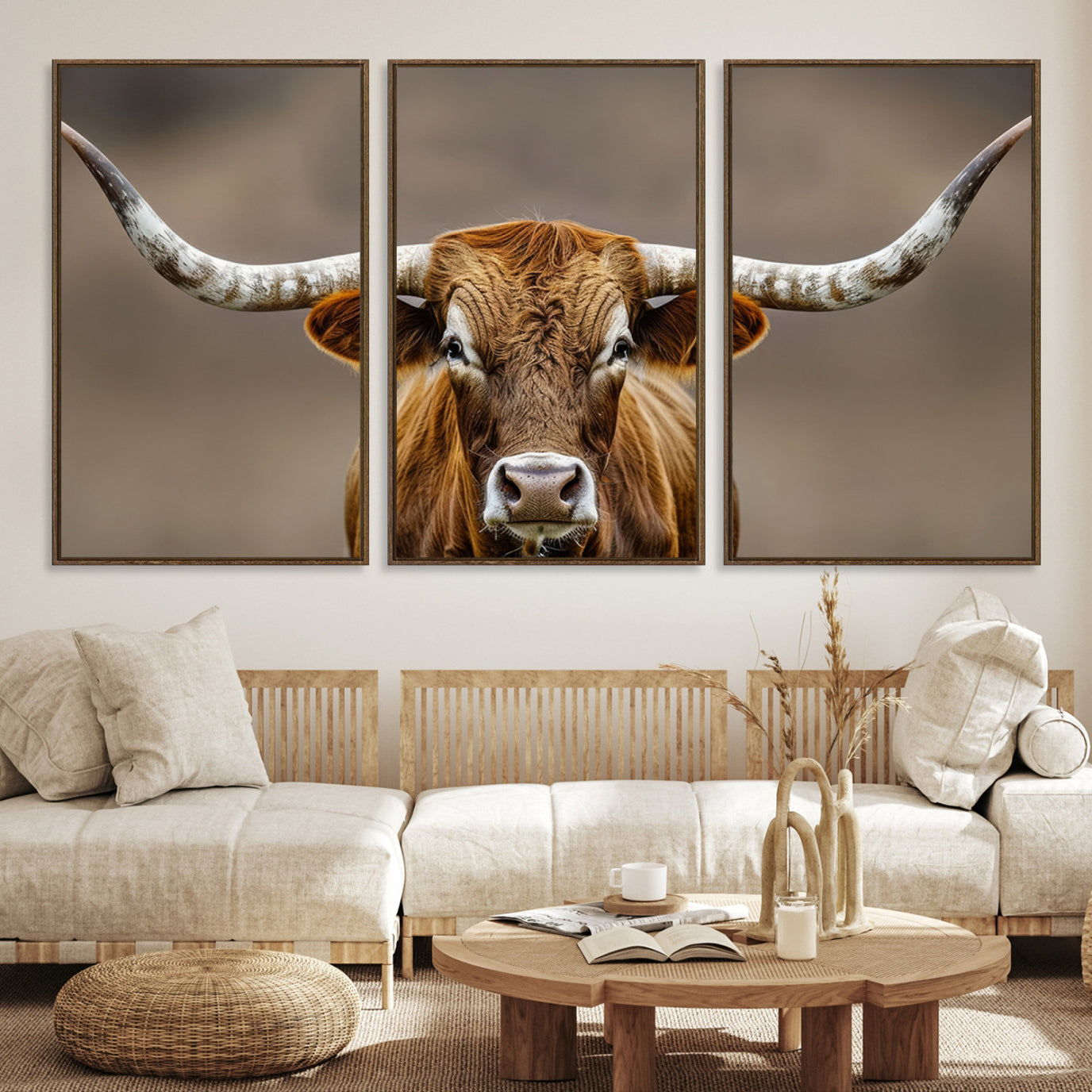 -Texas Longhorn Wall Art Canvas Print, Framed Brown Bull Art Picture Print, Lone Cattle Perfect