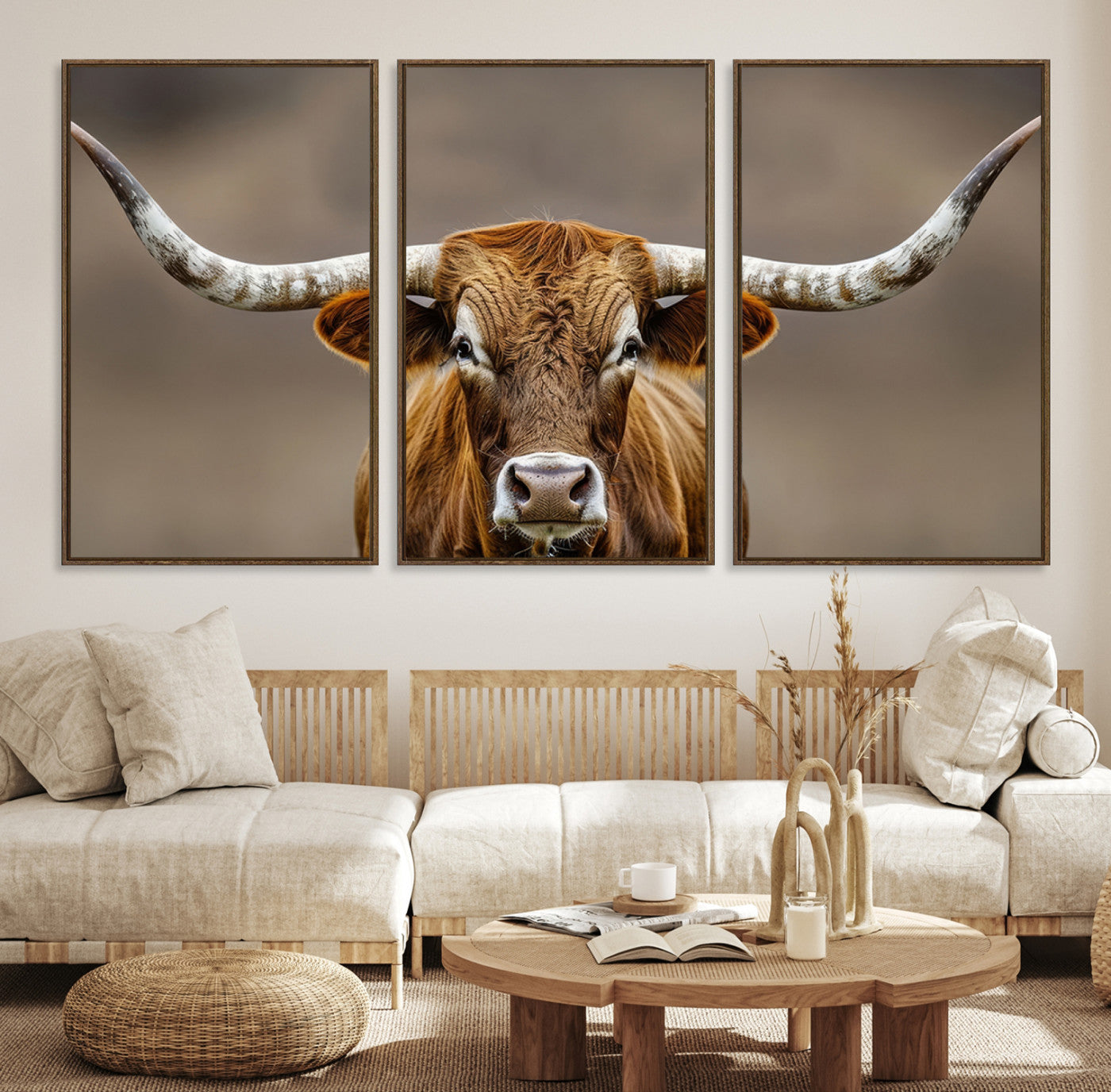 12179171-MGV-CV-36X24-Texas Longhorn Wall Art Canvas Print – Brown Bull Rustic Ranch Western Cattle Nature Artwork for Home Office