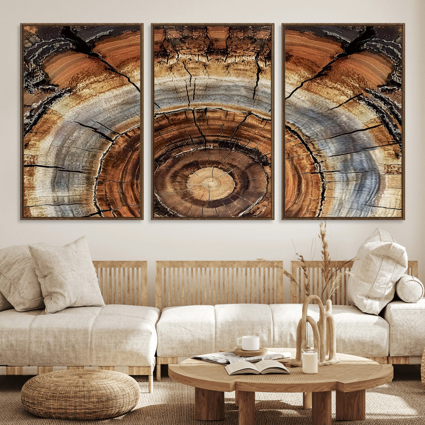 15184146-MGV-FC-60X30-3P_Walnut-Tree Rings Wall Art Canvas Print, Framed Wood Texture Art Picture Print, Rustic Pattern Perfect Rustic Organic Decor Artwork