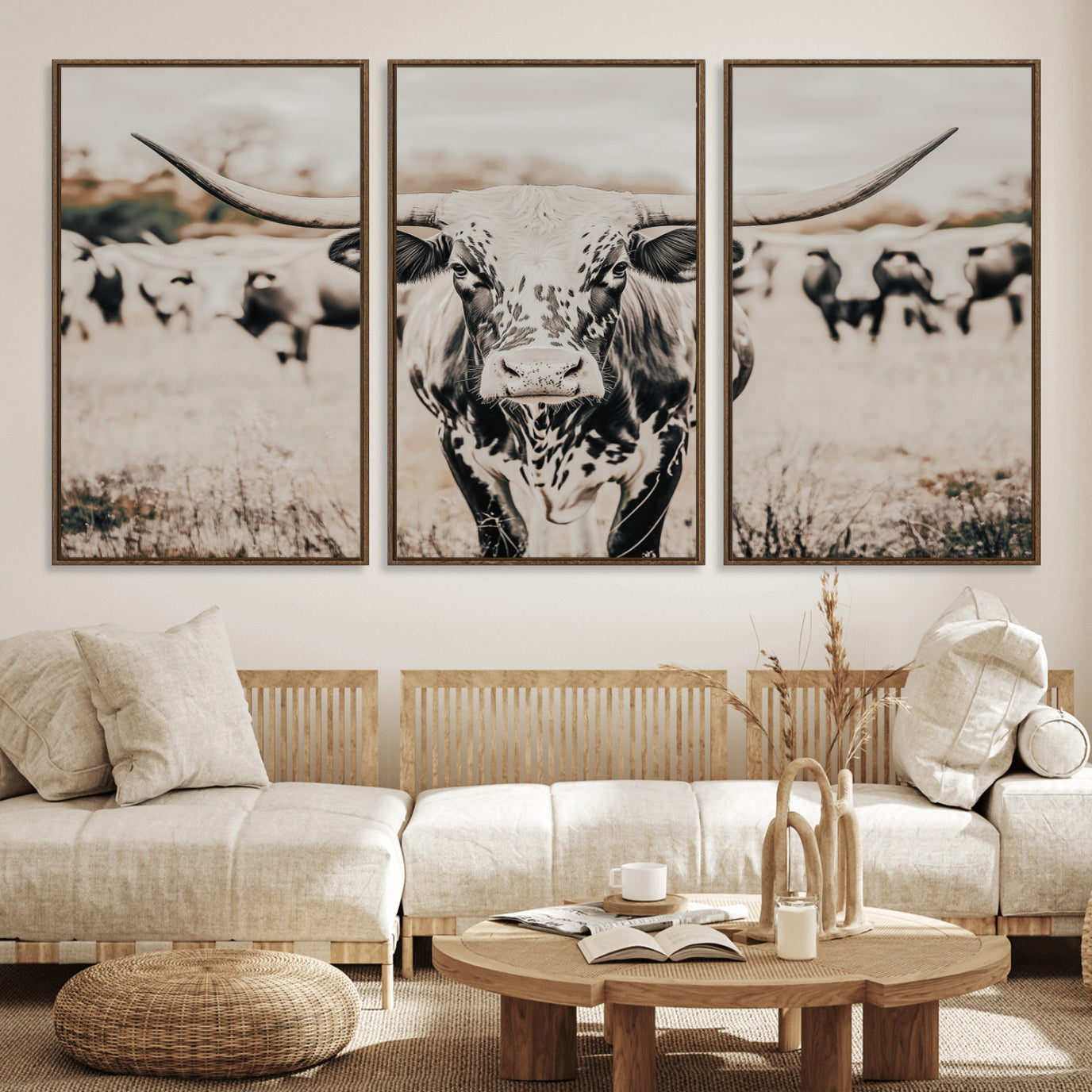 27497342-MGV-FC-60X30-3P_Walnut-Texas Longhorn Wall Art Canvas Print, Framed Speckled Cow Art Picture Print, Horned Cattle Perfect Rustic Western Decor Artwork