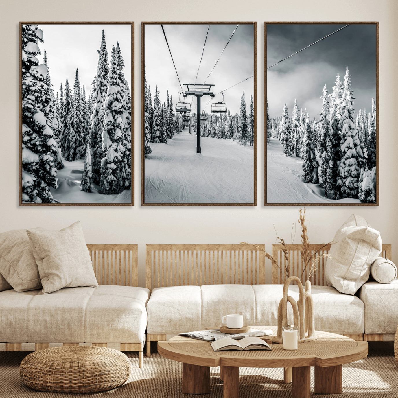 31156828-MGV-FC-60X30-3P_Walnut-Snowy Pines Wall Art Canvas Print – Framed Ski Lift Winter Forest Snowy Landscape Moody Lodge Artwork for Home, Office
