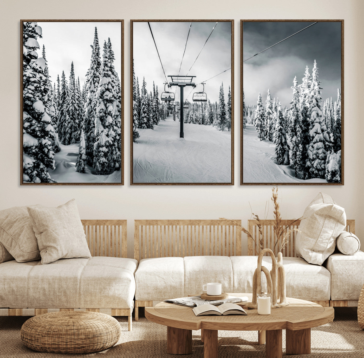 31156828-MGV-FC-60X30-3P_Walnut-Snowy Pines Wall Art Canvas Print – Framed Ski Lift Winter Forest Snowy Landscape Moody Lodge Artwork for Home, Office