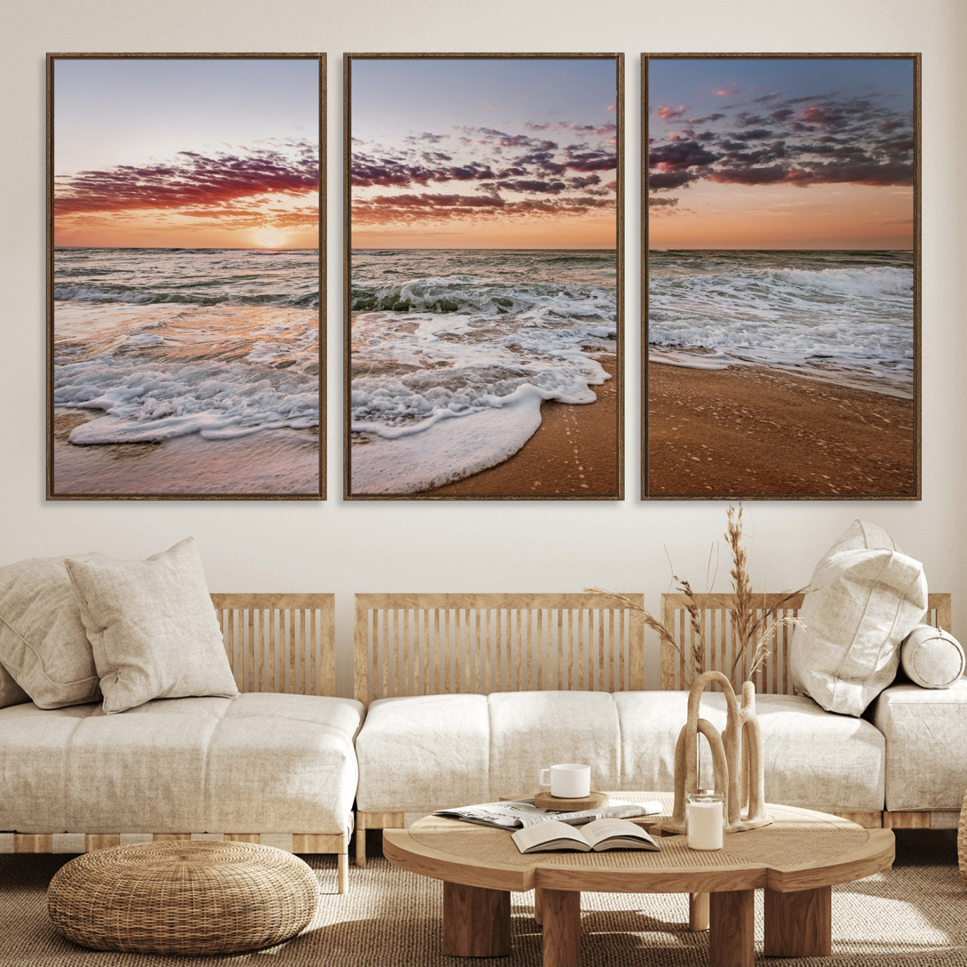 39846389-MGV-FC-60X30-3P_Walnut-Ocean Sunset Wall Art Canvas Print – Framed Sandy Shore Gentle Waves Coastal Landscape Minimalist Artwork for Home, Office