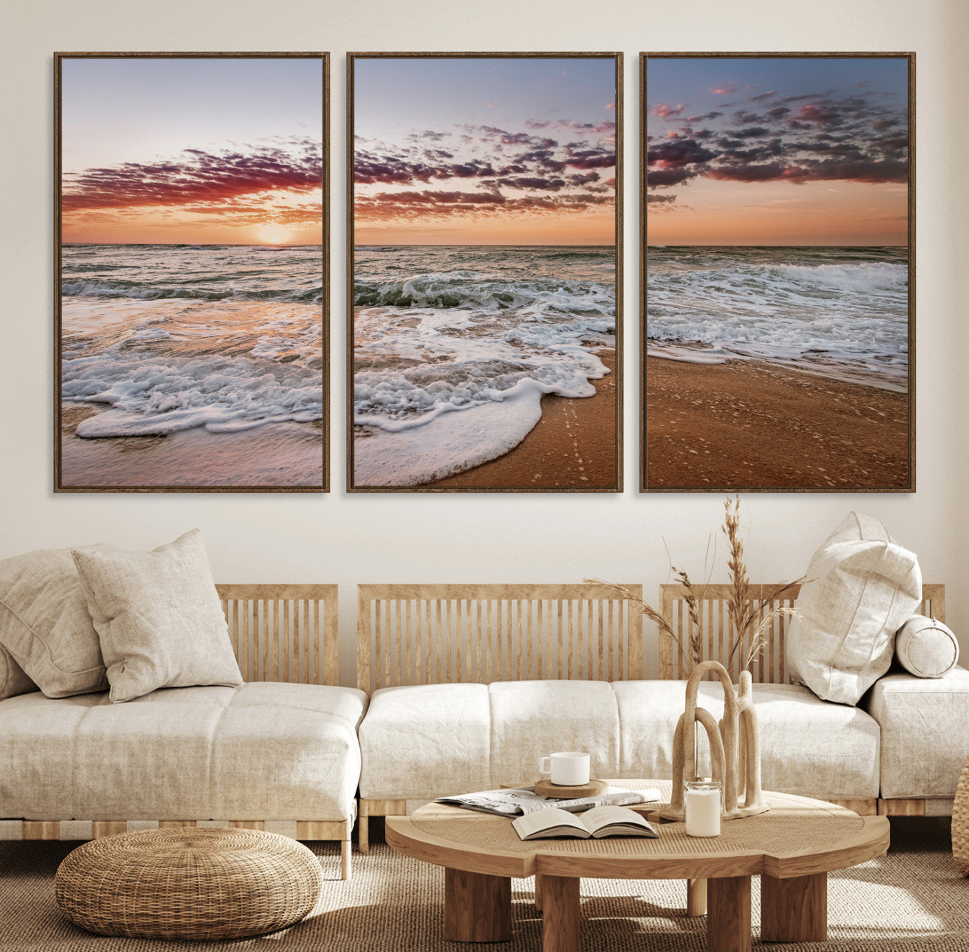 39846389-MGV-FC-60X30-3P_Walnut-Ocean Sunset Wall Art Canvas Print – Framed Sandy Shore Gentle Waves Coastal Landscape Minimalist Artwork for Home, Office
