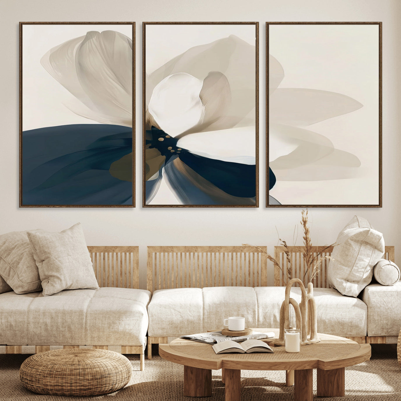 42188901-MGV-FC-60X30-3P_Walnut-Minimal Flower Wall Art Canvas Print, Framed Flower Drawing Art Picture Print, Beige Bloom Perfect Modern Botanical Decor Artwork