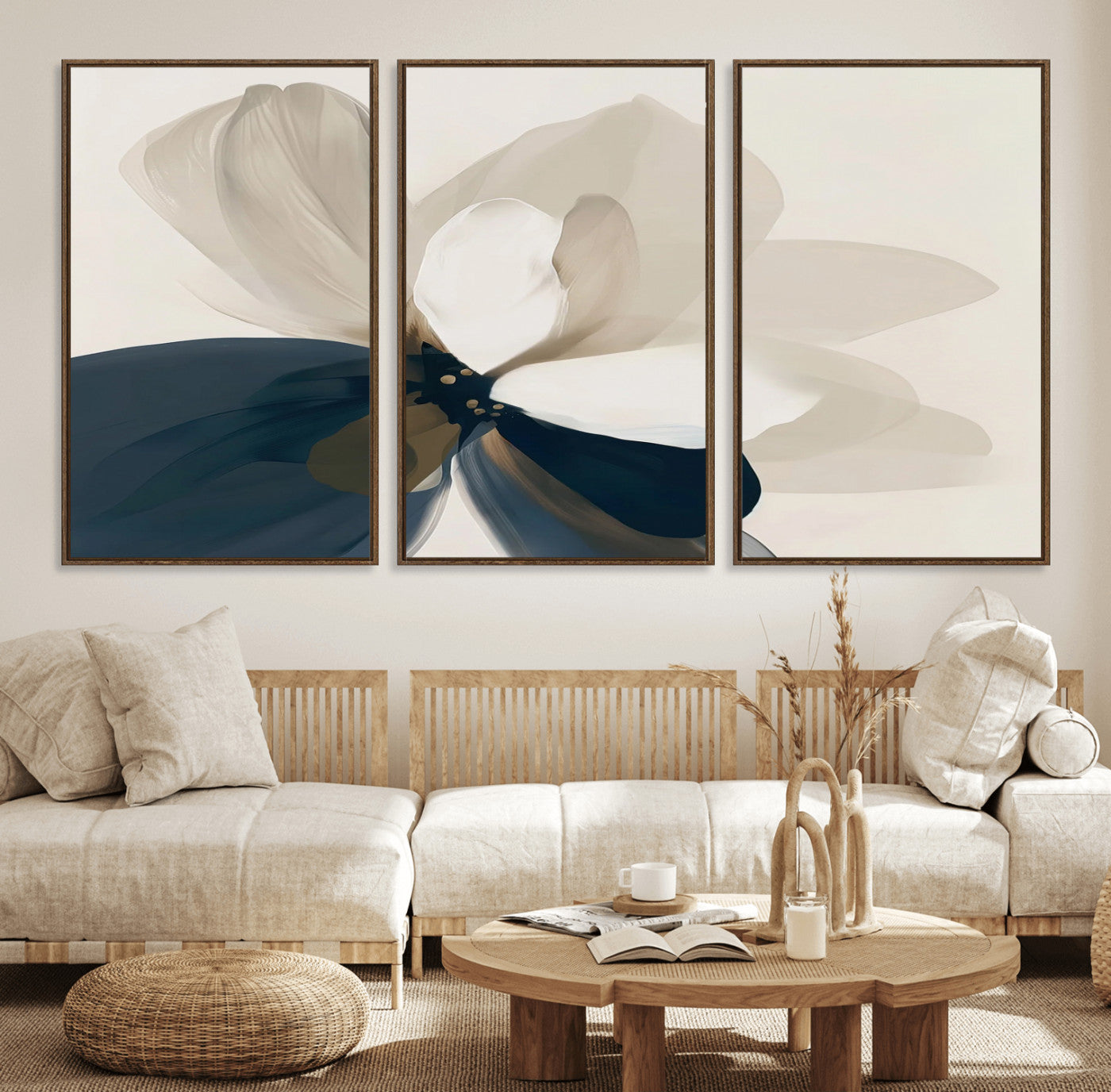 42188901-MGV-FC-60X30-3P_Walnut-Minimal Flower Wall Art Canvas Print – Framed Beige Bloom Botanical Modern Floral Artwork for Home, Office, Living Room