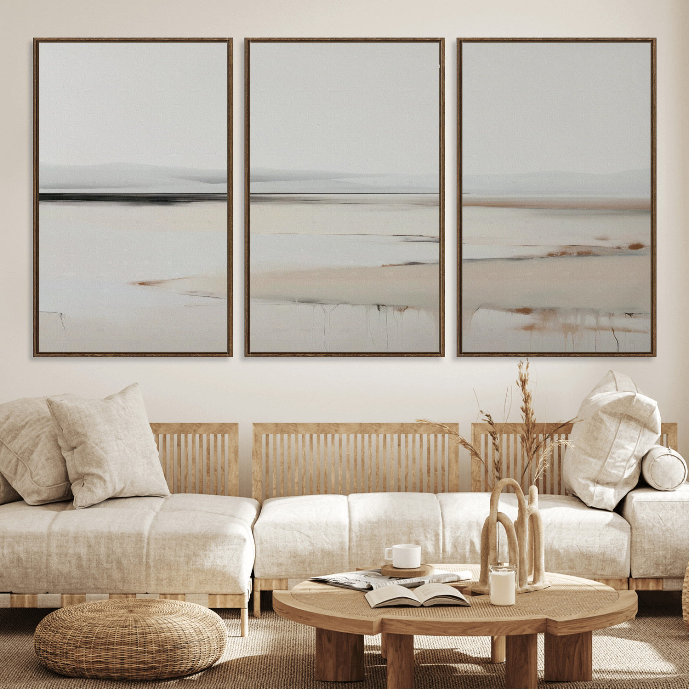 89410095-MGV-FC-60X30-3P_Walnut-Minimalist Landscape Wall Art Canvas Print – Framed Soft Horizon Abstract Seascape Earthy Tones Artwork for Home Office