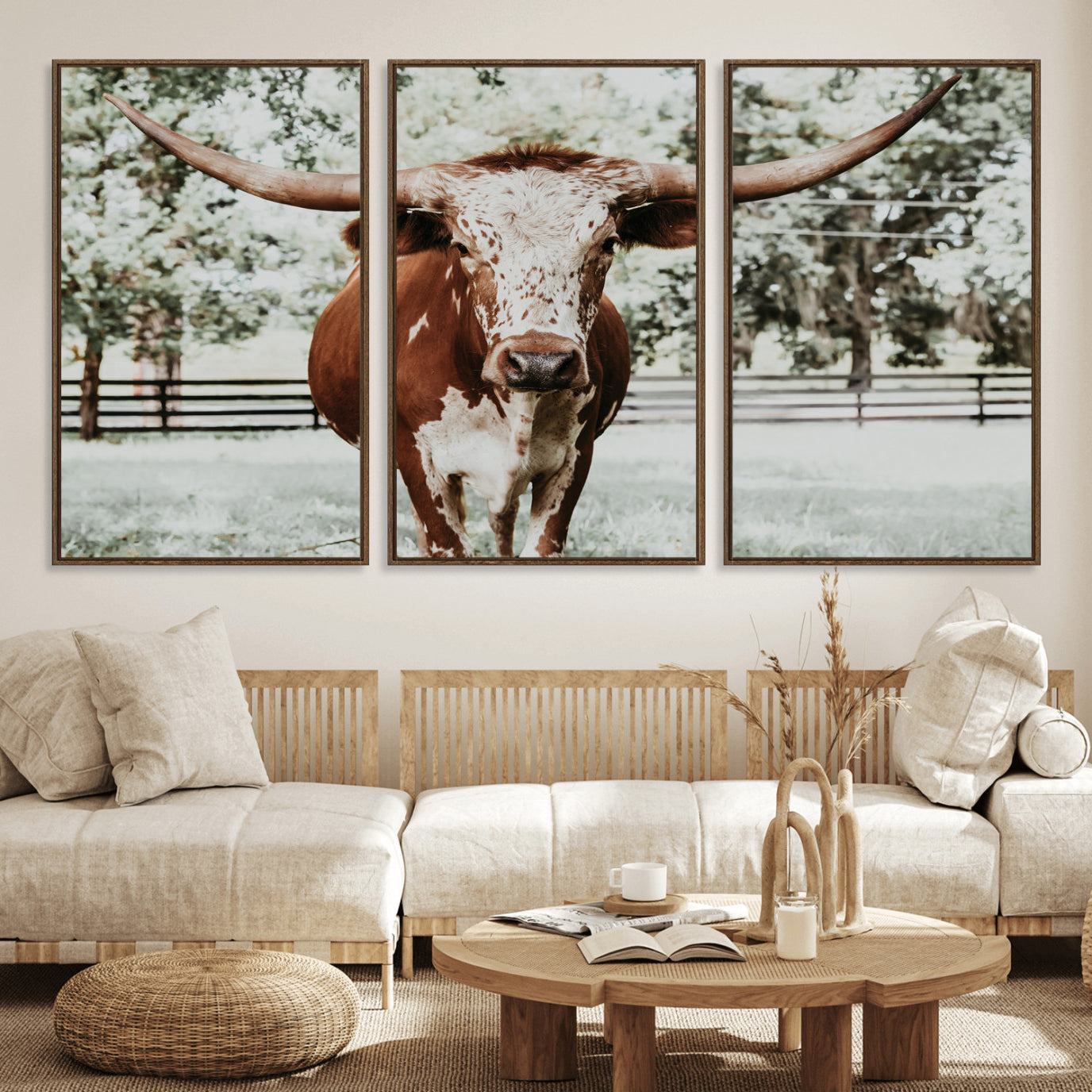 54757537-MGV-FC-60X30-3P_Walnut-Texas Longhorn Wall Art Canvas Print, Framed Spotted Cow Art Picture Print, Horned Cattle Perfect Rustic Western Decor Artwork