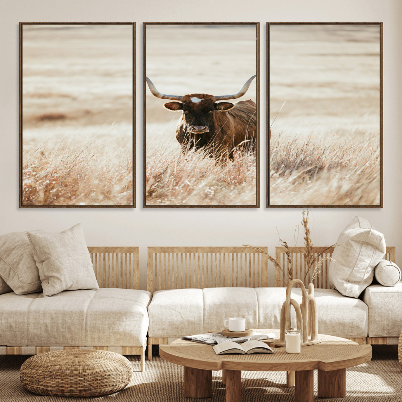 15937933-MGV-FC-60X30-3P_Walnut-Texas Longhorn Wall Art Canvas Print, Framed Brown Cattle Art Picture Print, Horned Bull Perfect Rustic Western Decor Artwork