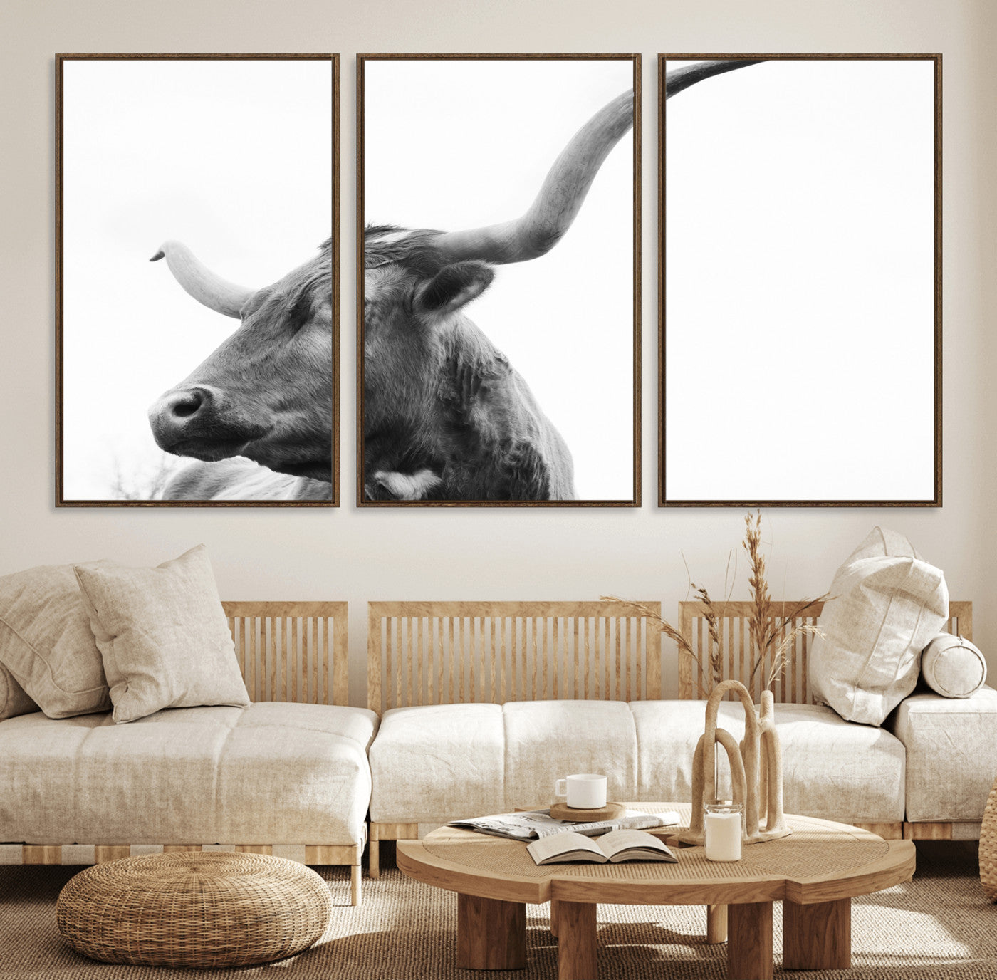 64392617-MGV-FC-60X30-3P_Walnut-Longhorn Wall Art Canvas Print – Framed Monochrome Ranch Cow Rustic Western Artwork for Home, Office