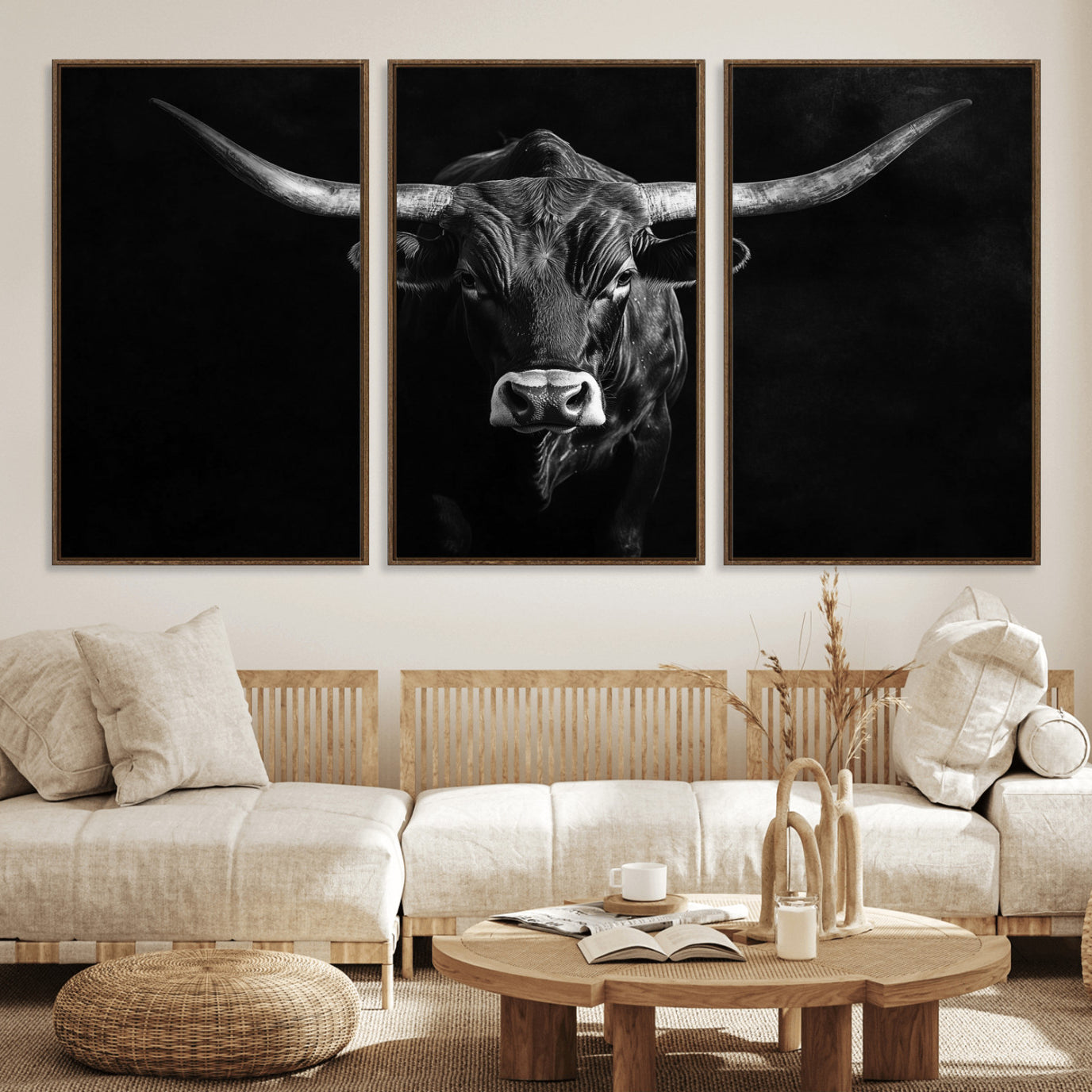 42077175-MGV-FC-60X30-3P_Walnut-Texas Longhorn Wall Art Canvas Print, Framed Monochrome Bull Art Picture Print, Horned Bull Perfect Rustic Western Decor Artwork
