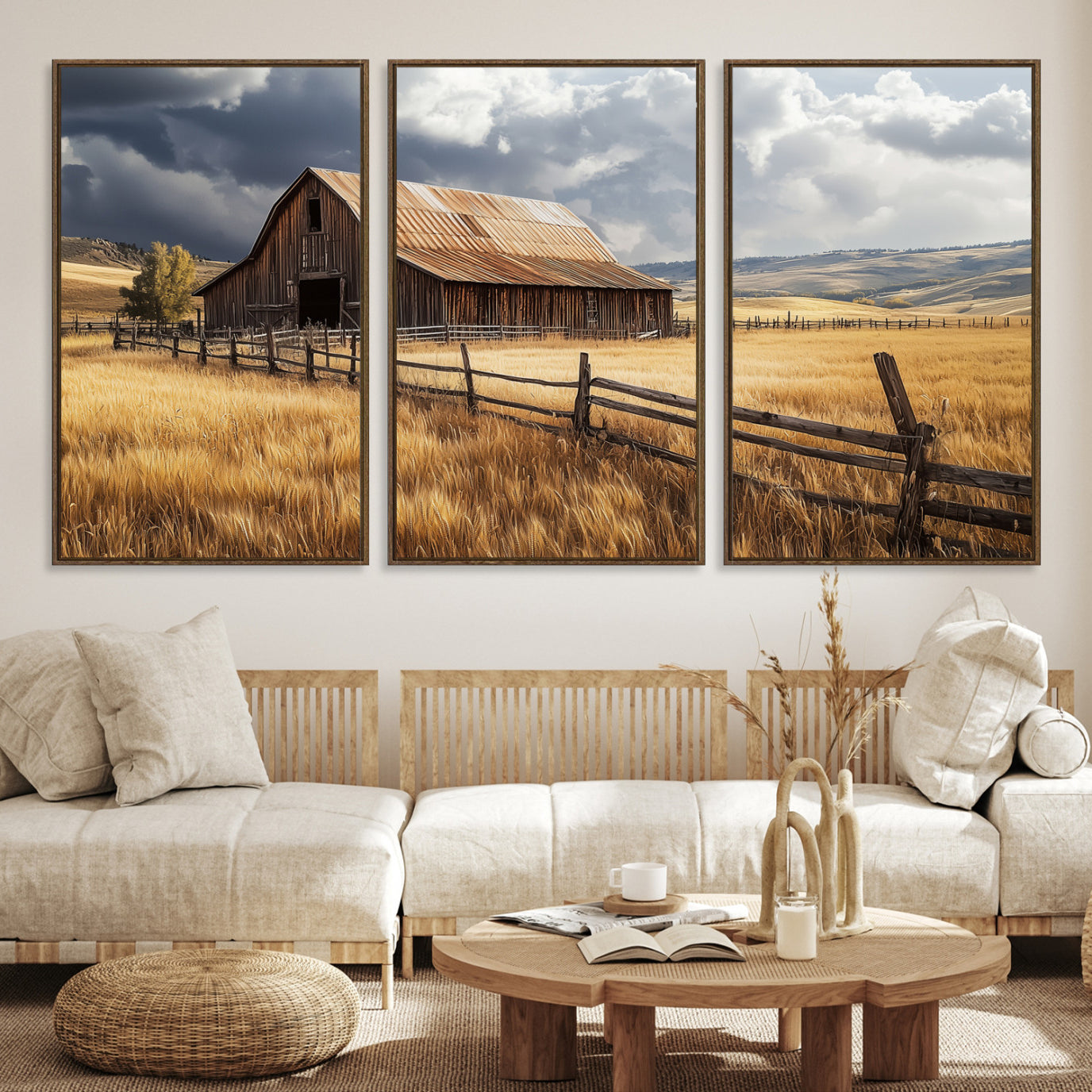 38758826-MGV-CV-36X24-Rustic Barn Wall Art Canvas Print – Framed Moody Barn Golden Field Countryside Farmhouse Landscape Artwork for Home Office