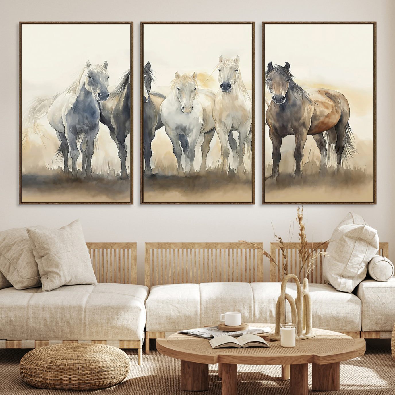 Watercolor illustration of five wild horses in soft neutral tones, perfect for rustic or western-style home decor with a calming natural vibe.