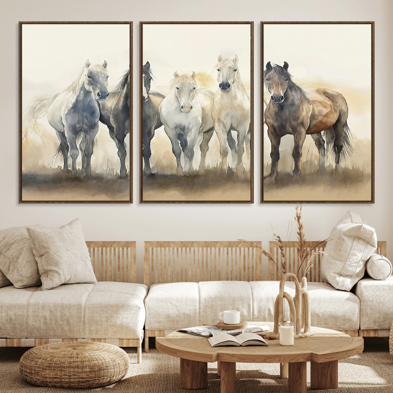 MGV-FC-60X30-3P - Wild Horses Wall Art Canvas Print, Framed Running Horses Art Picture Print, Watercolor Horses Perfect Rustic Western Decor Artwork