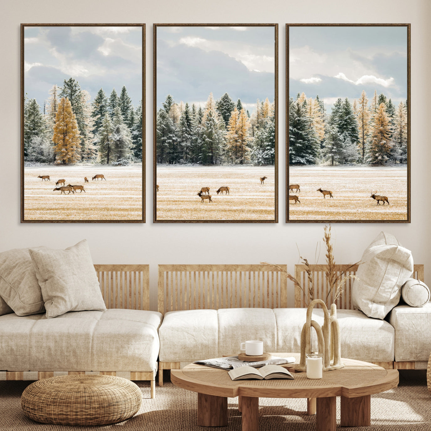 Elk herd in a snowy field with golden pine trees and frosted evergreens, ideal for neutral rustic or cabin-style home decor.