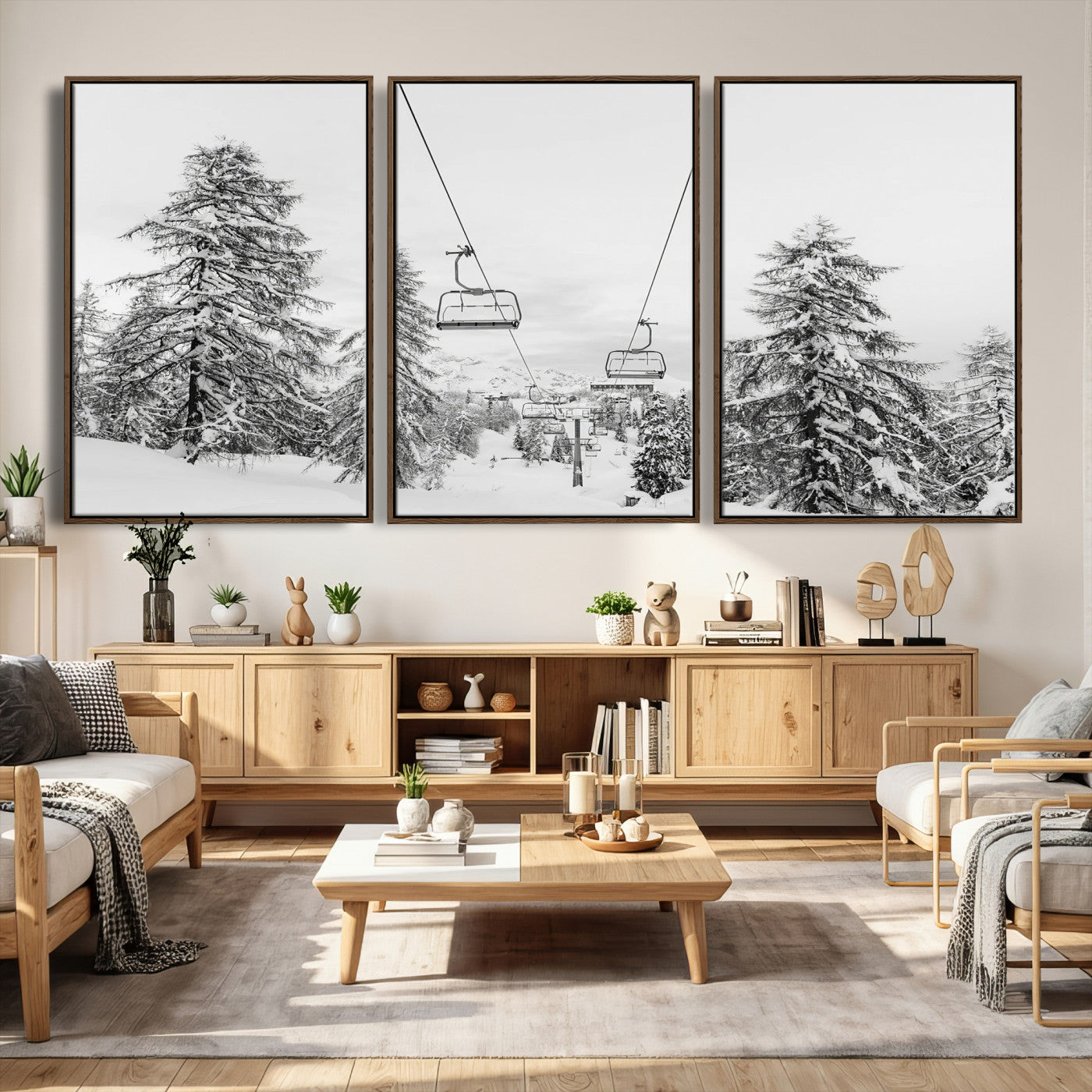 55003599-MGV-CV-36X24 - Snowy Ski Lift Wall Art – Framed Winter Forest Canvas Artwork, Peaceful Mountain Design, Modern Nature Decor for Home, Office