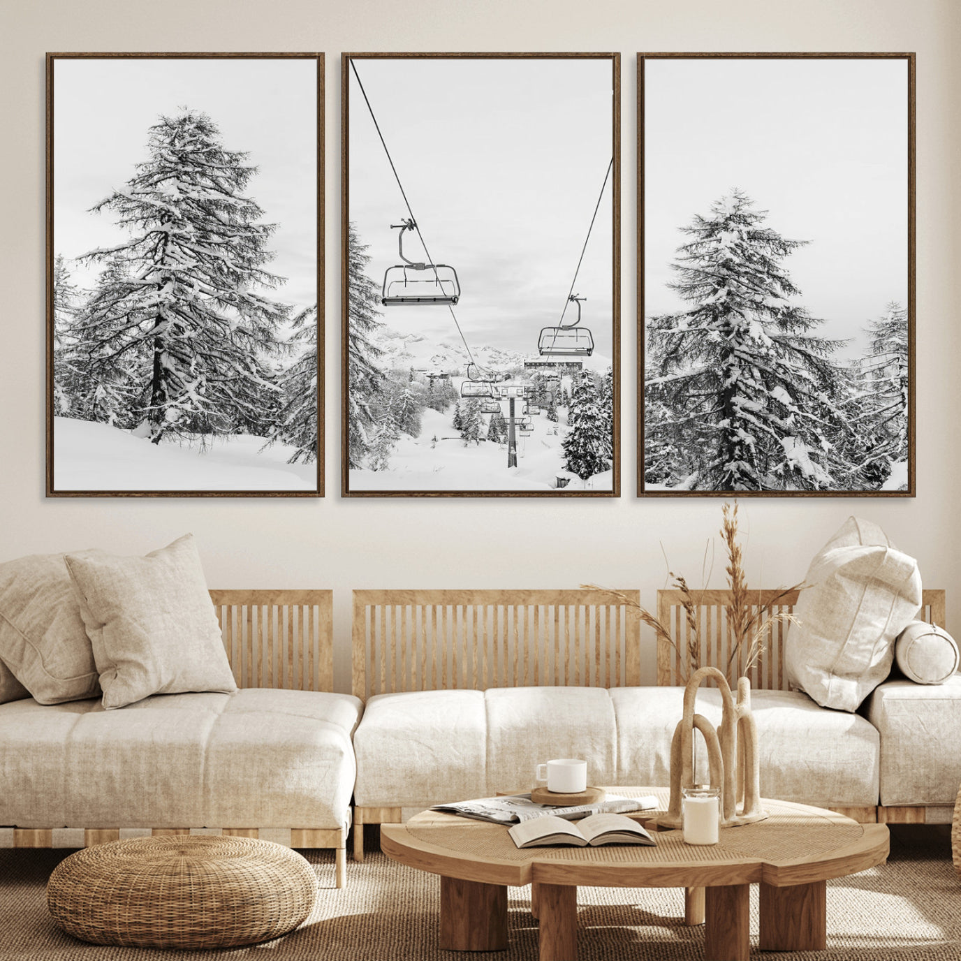 MGV-FC-60X30-3P - Wall Art Canvas Print Winter Chairlift Views Silent Snow-Covered Pines Mountain Calm Serenity Frozen