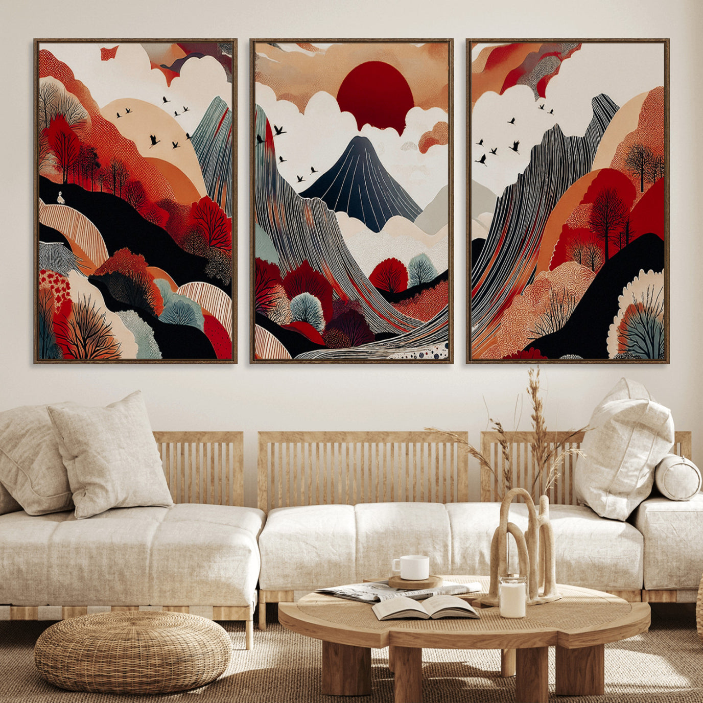 49034575-MGV-FC-60X30-3P_Walnut-Abstract Mountain Wall Art Canvas Print, Framed Vibrant Landscape Art Picture Print, Stylized Nature Drawing Perfect Contemporary Minimalist Decor Artwork