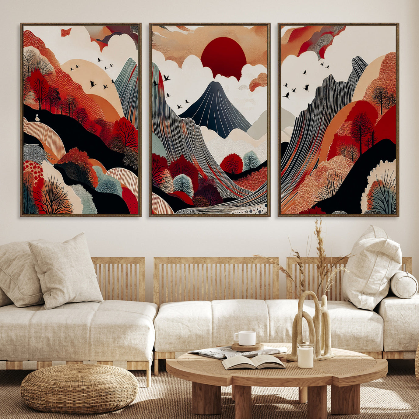 Abstract nature illustration with a red sun, mountains, and vibrant landscapes in graphic style, perfect for contemporary minimalist home decor. Ideal for modern spaces.