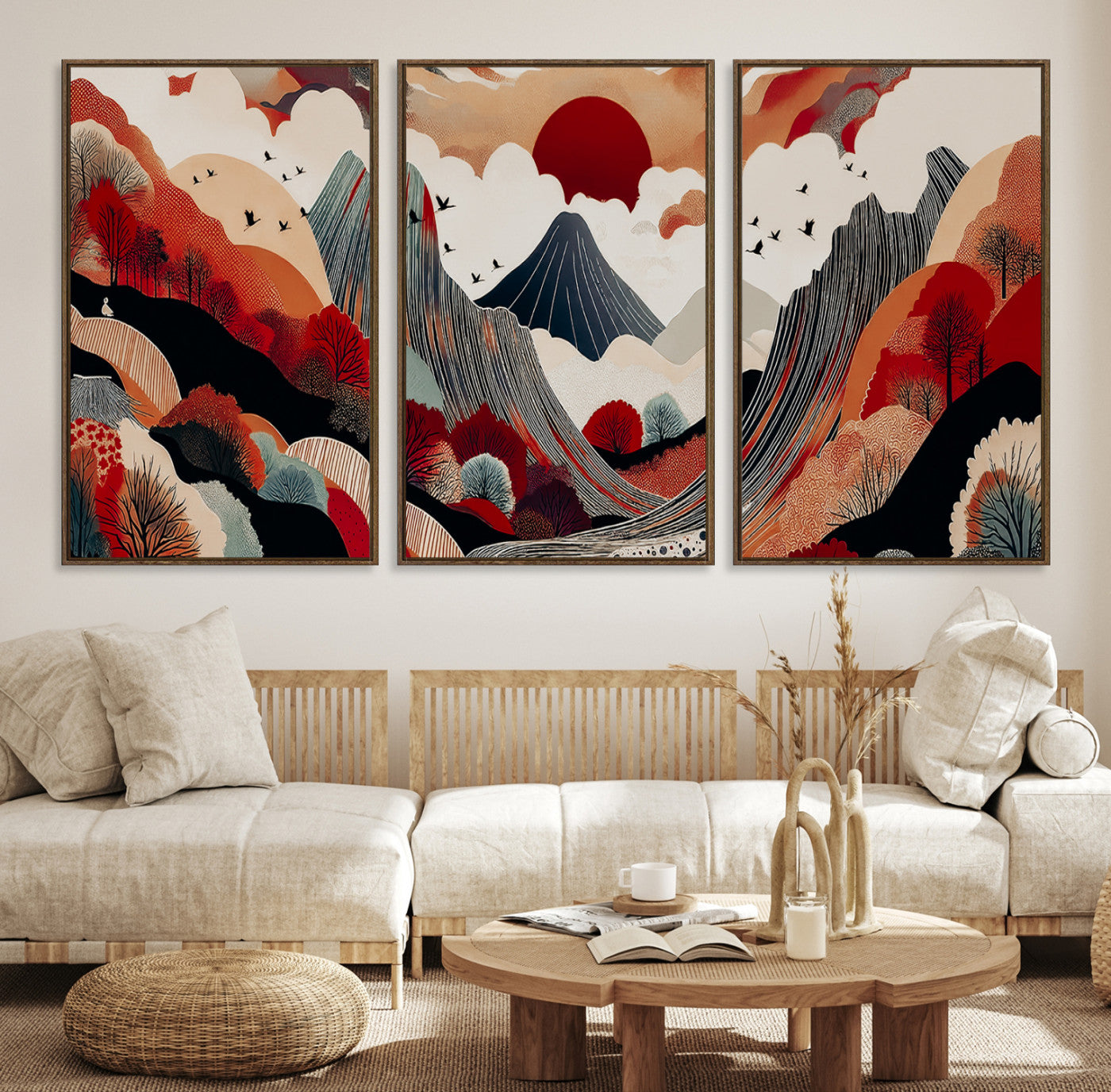 Abstract nature illustration with a red sun, mountains, and vibrant landscapes in graphic style, perfect for contemporary minimalist home decor. Ideal for modern spaces.