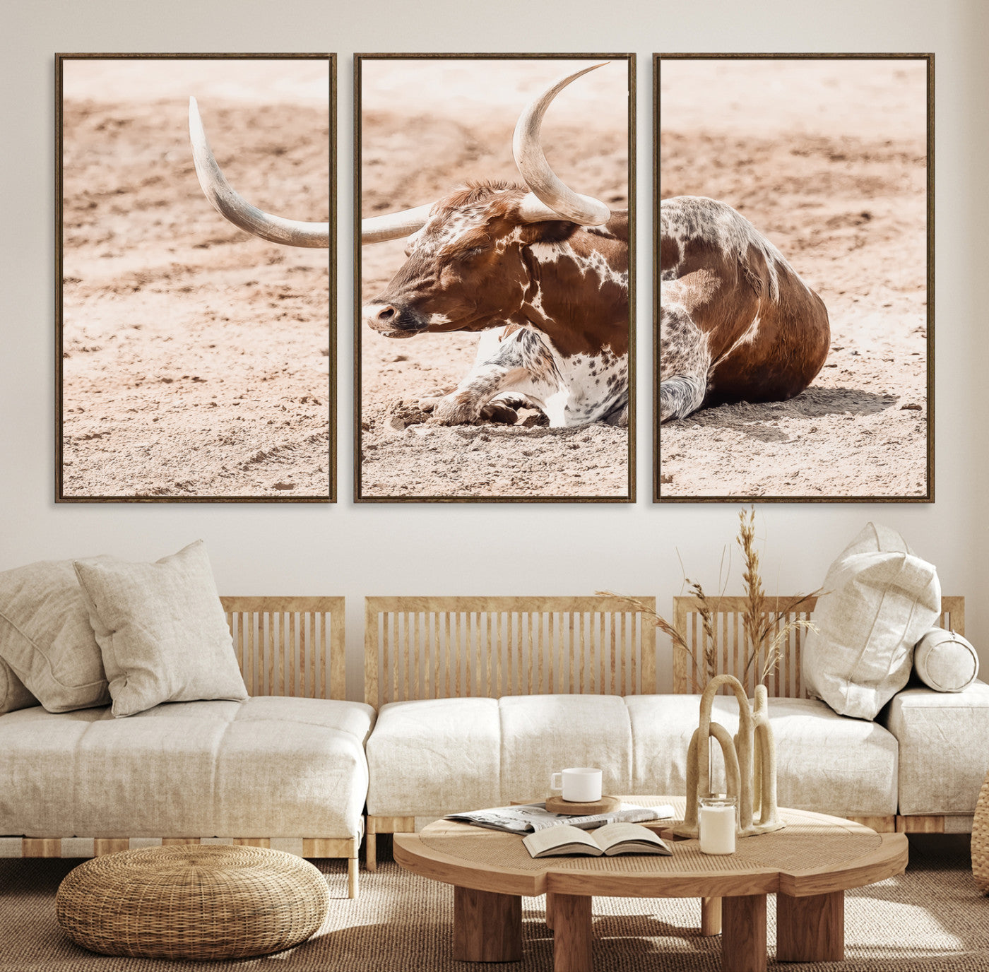 91248682-MGV-CV-36X24-Texas Longhorn Wall Art Canvas Print – Framed Resting Bull Spotted Cattle Western Ranch Animal Artwork for Home Office